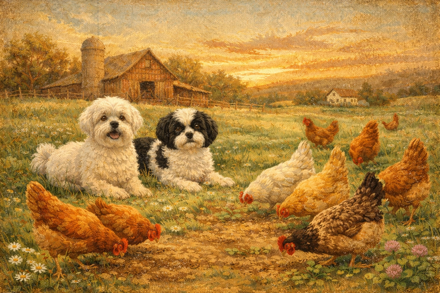 Pasture-raised hens foraging freely with guardian dogs watching over the flock