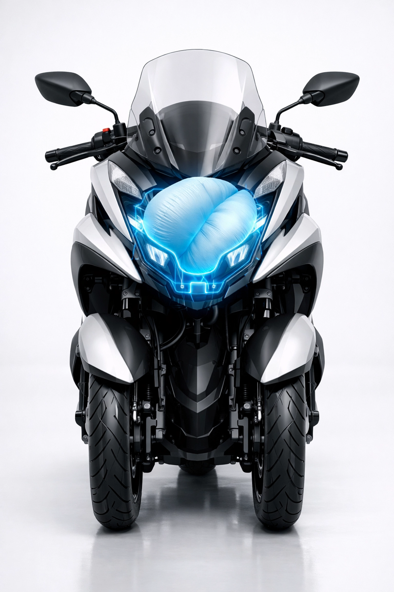 Technical view of a Yamaha three-wheeled scooter highlighting the integrated frontal airbag system for rider safety.