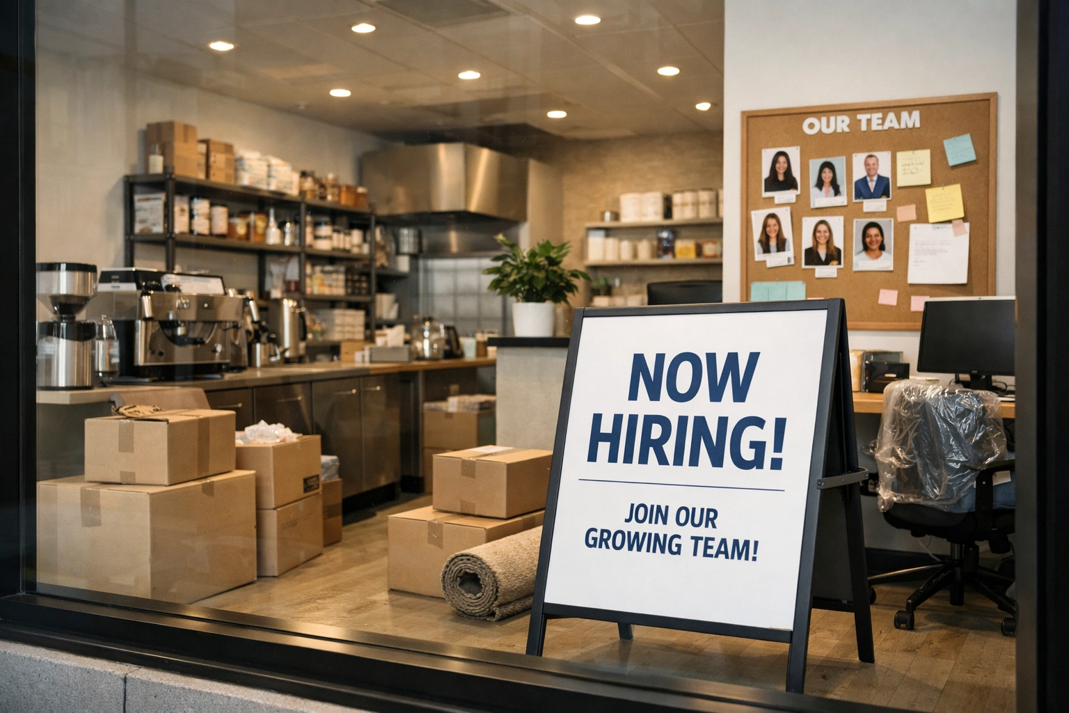Modern storefront/office with a visible “Now Hiring” or “Expanding” sign to represent growth.