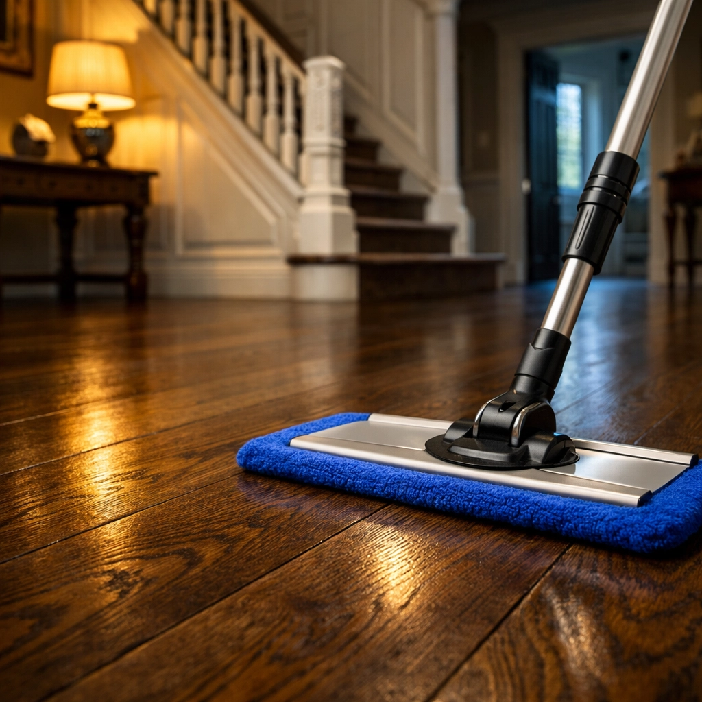 Polished hardwood floors in a Winchester estate after luxury residential cleaning services.