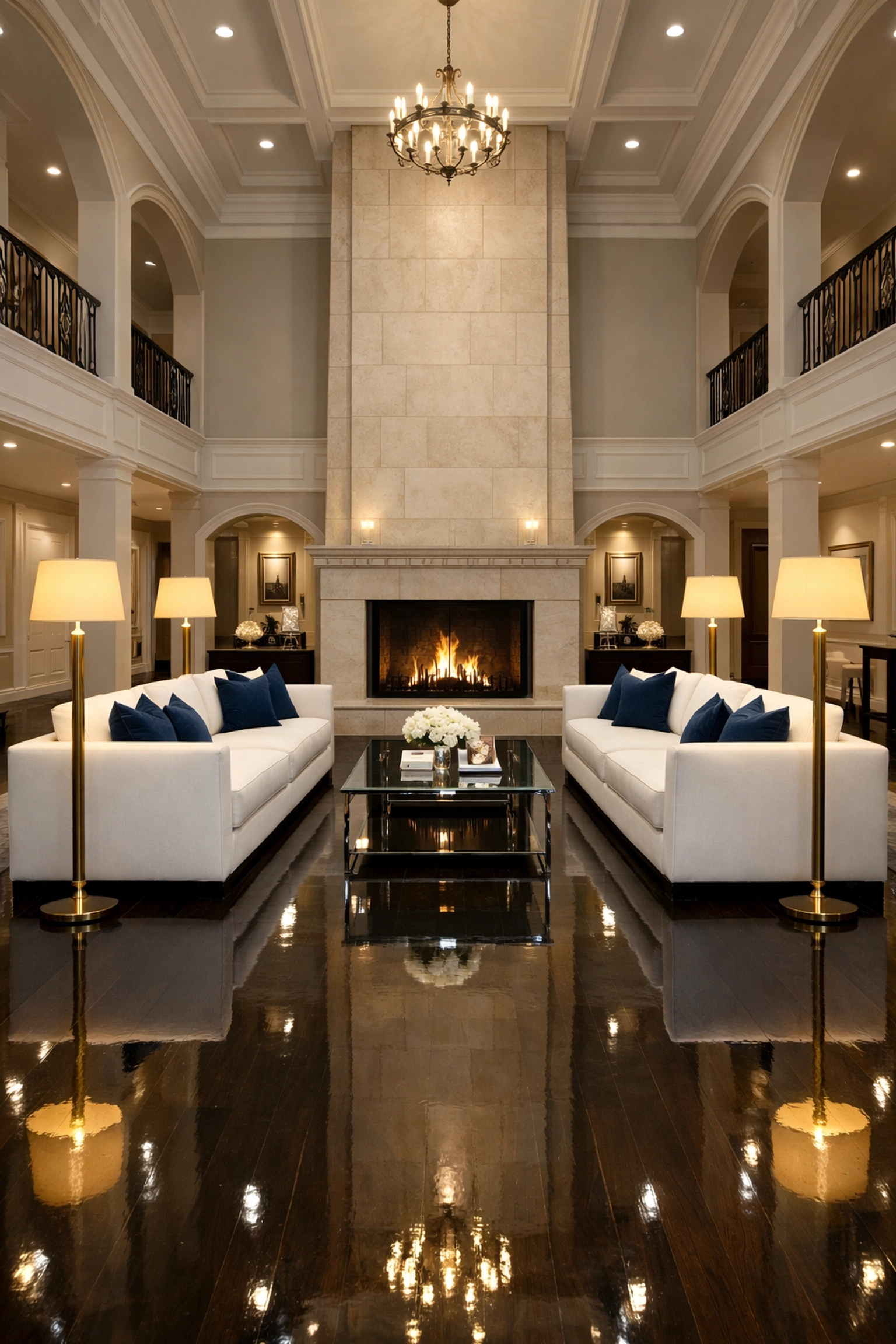 Impeccably cleaned luxury living room with polished floors for premium residential cleaning Massachusetts.