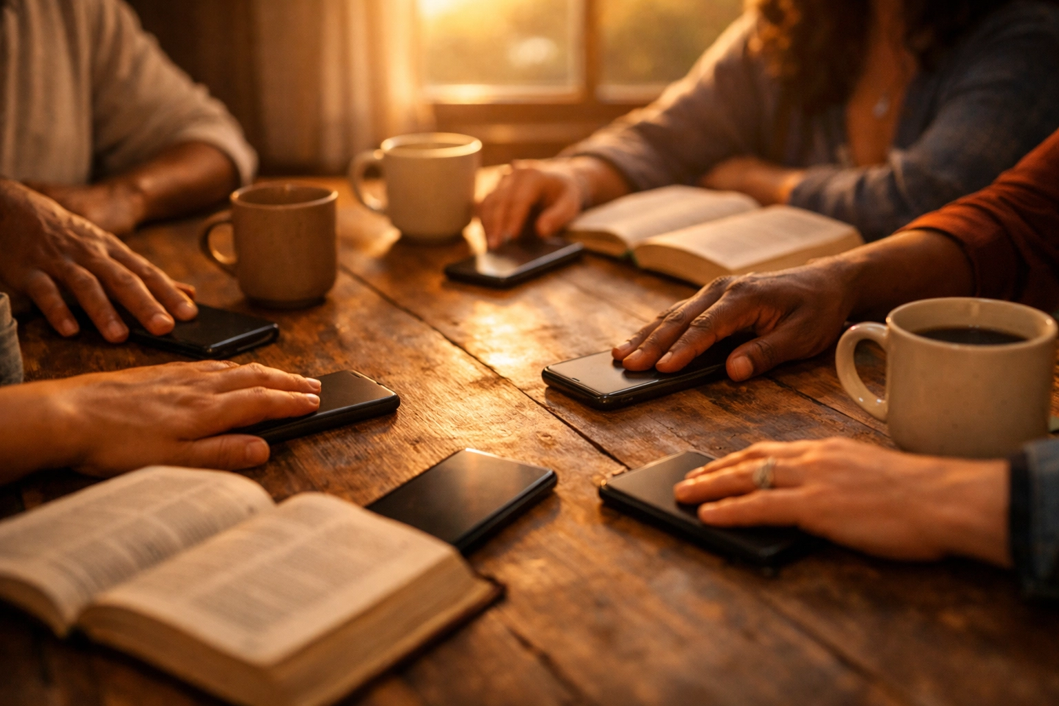 Small group gathering with phones set aside for Bible study and spiritual community