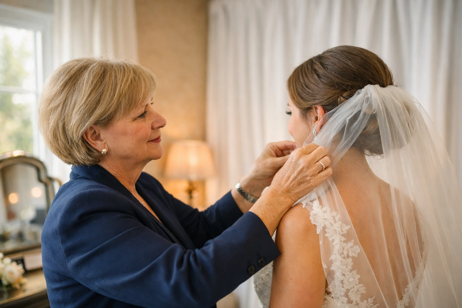 The Weathered Moose Adopt Mom service helping a bride near white pipe and drape wedding rentals in Fort Wayne.