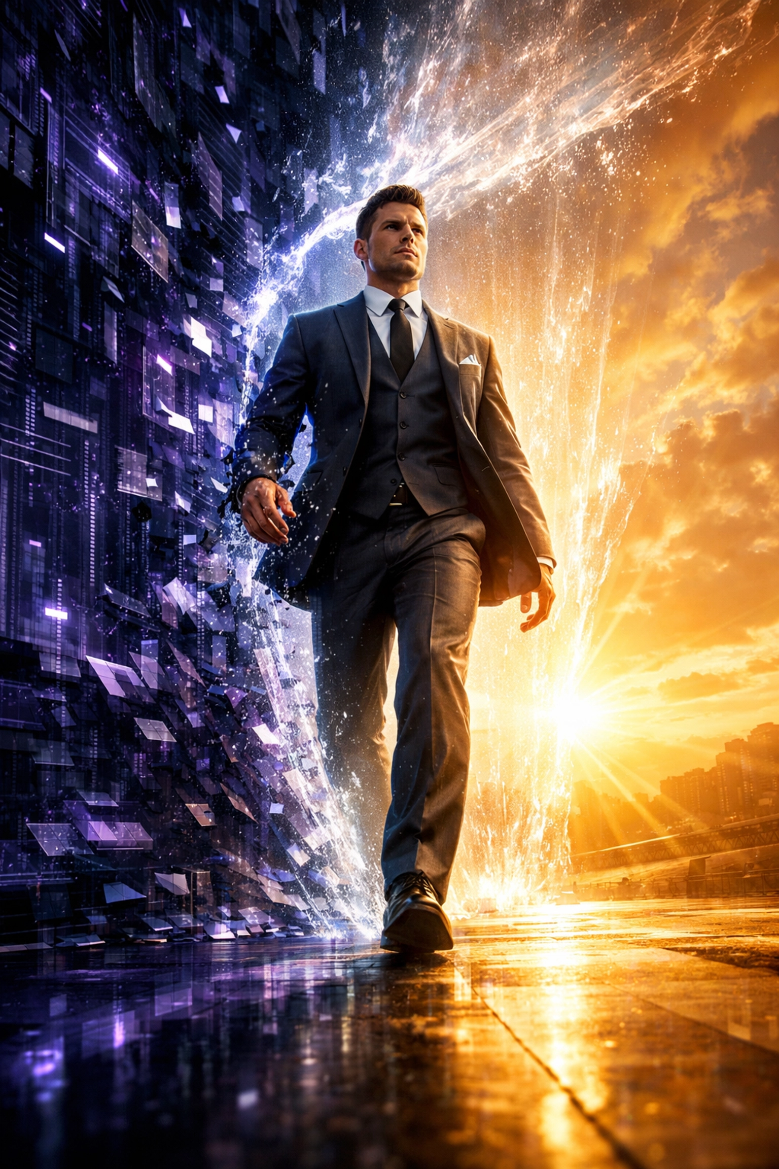 Sovereign man exiting a digital legal matrix into a sunlit path, symbolizing private freedom and authority.