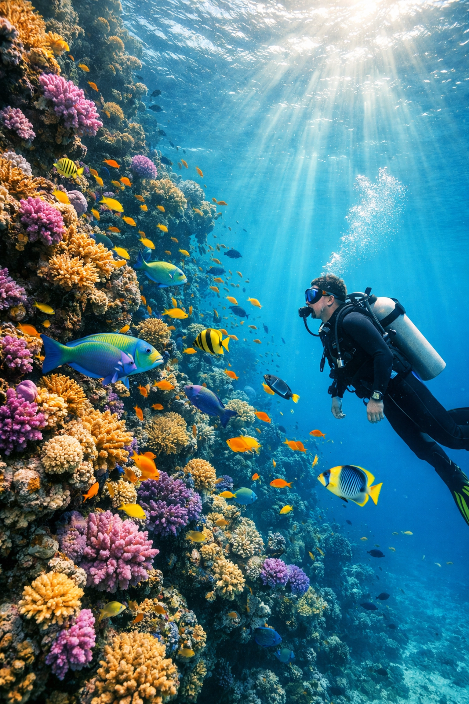 Scuba diver exploring vibrant coral reefs and tropical fish in the Red Sea Egypt