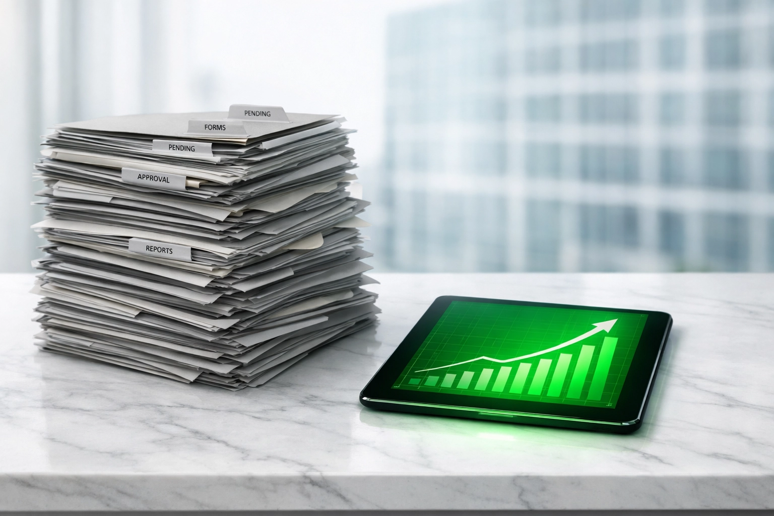 Green digital tablet showing financial growth next to paperwork, illustrating no-income-verification DSCR loans.