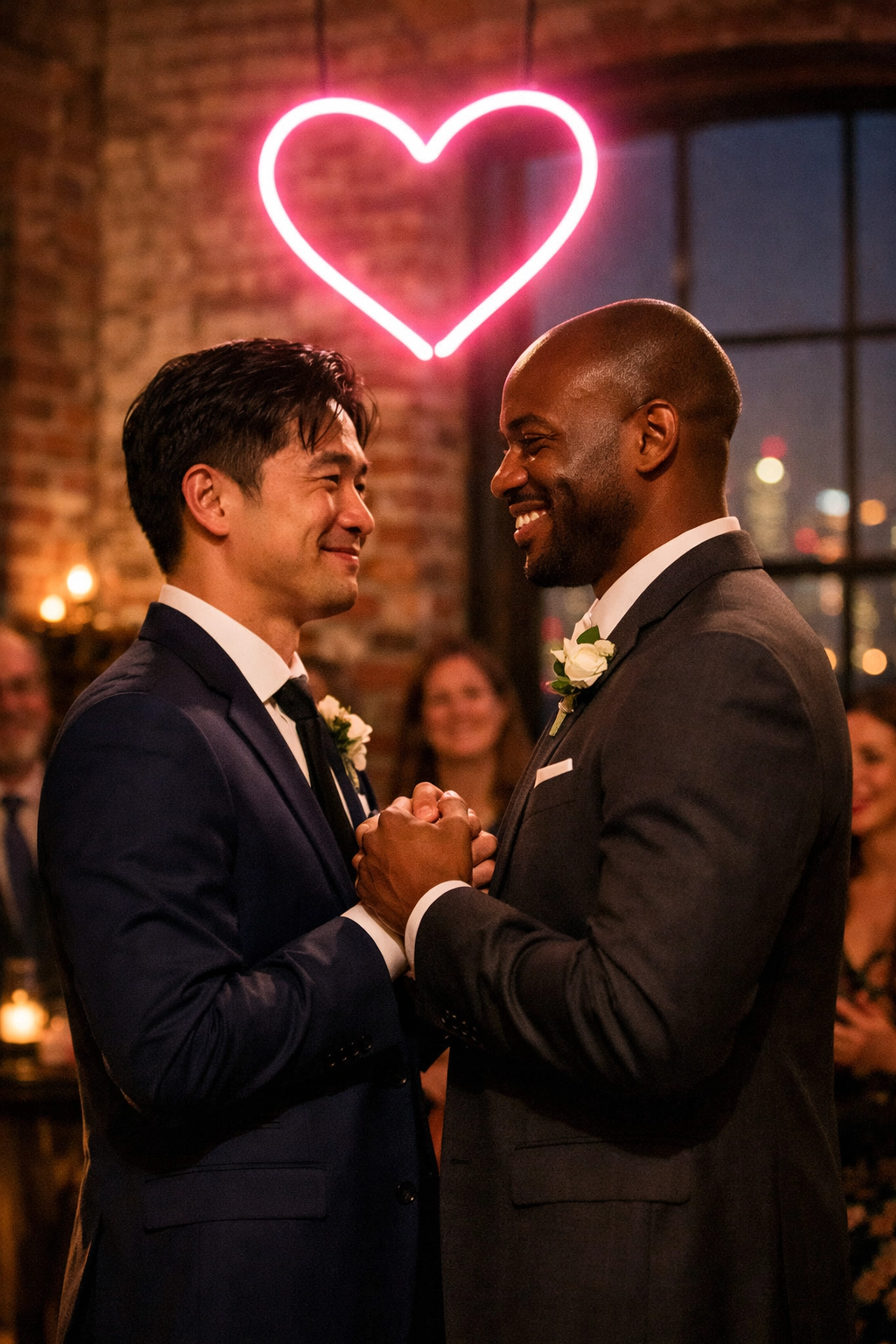 Interracial gay couple exchanging vows at Brooklyn warehouse wedding ceremony