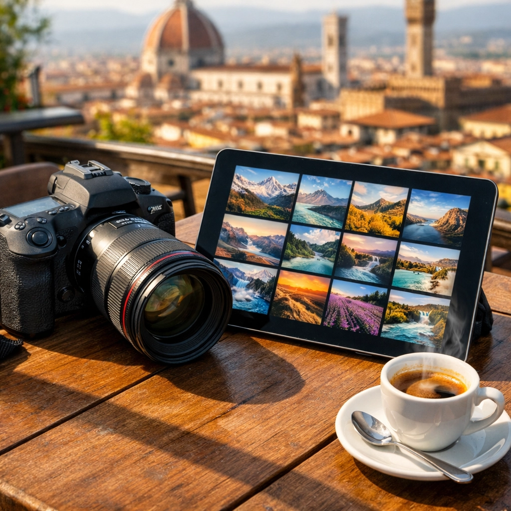 Digital portfolio on a tablet with professional gear, simplifying the photography booking experience.