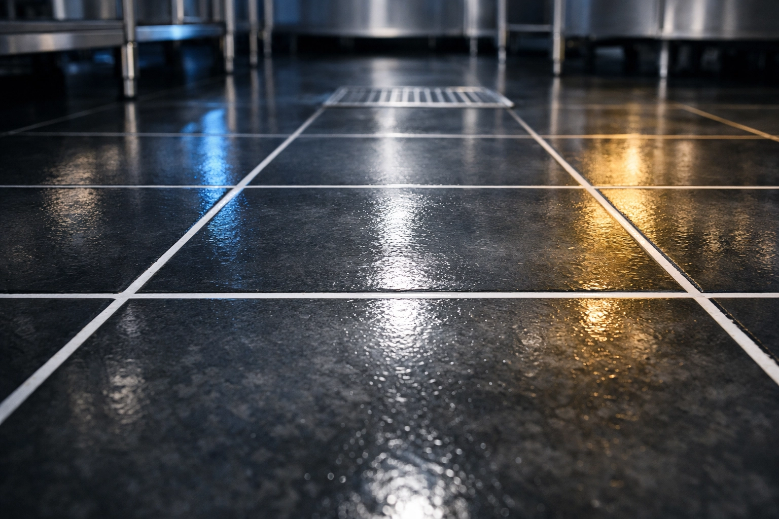 Sanitized restaurant kitchen floor with clean grout lines and polished steel legs in a Massachusetts facility.