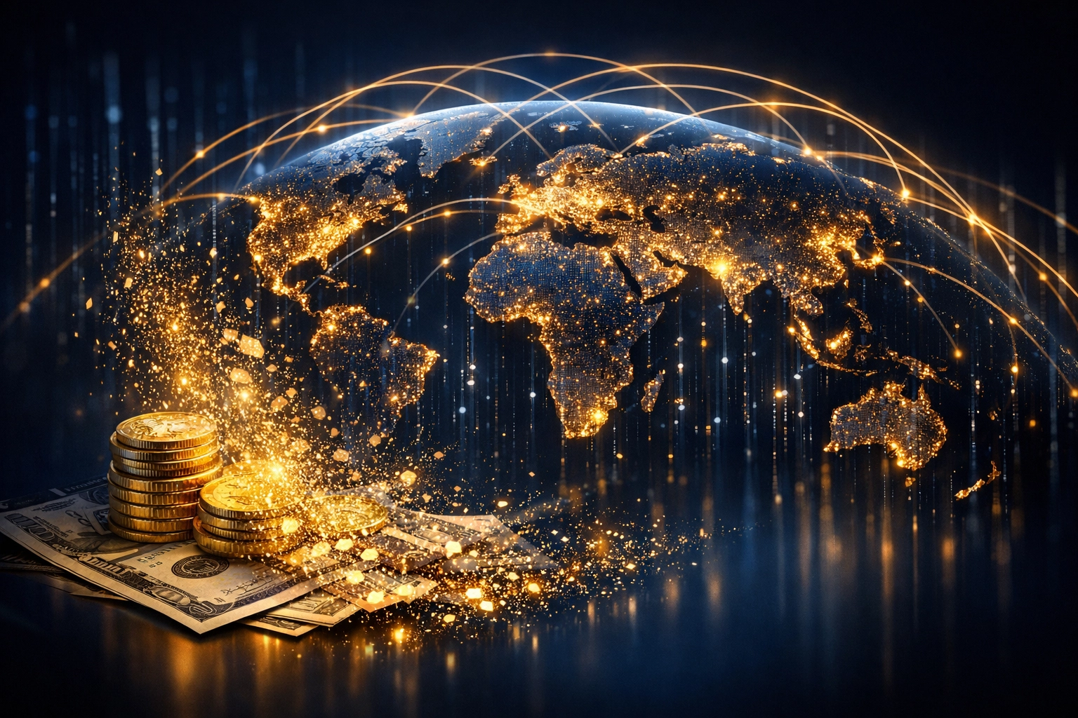 A digital world map with glowing data lines representing the global transition toward centralized digital financial systems.