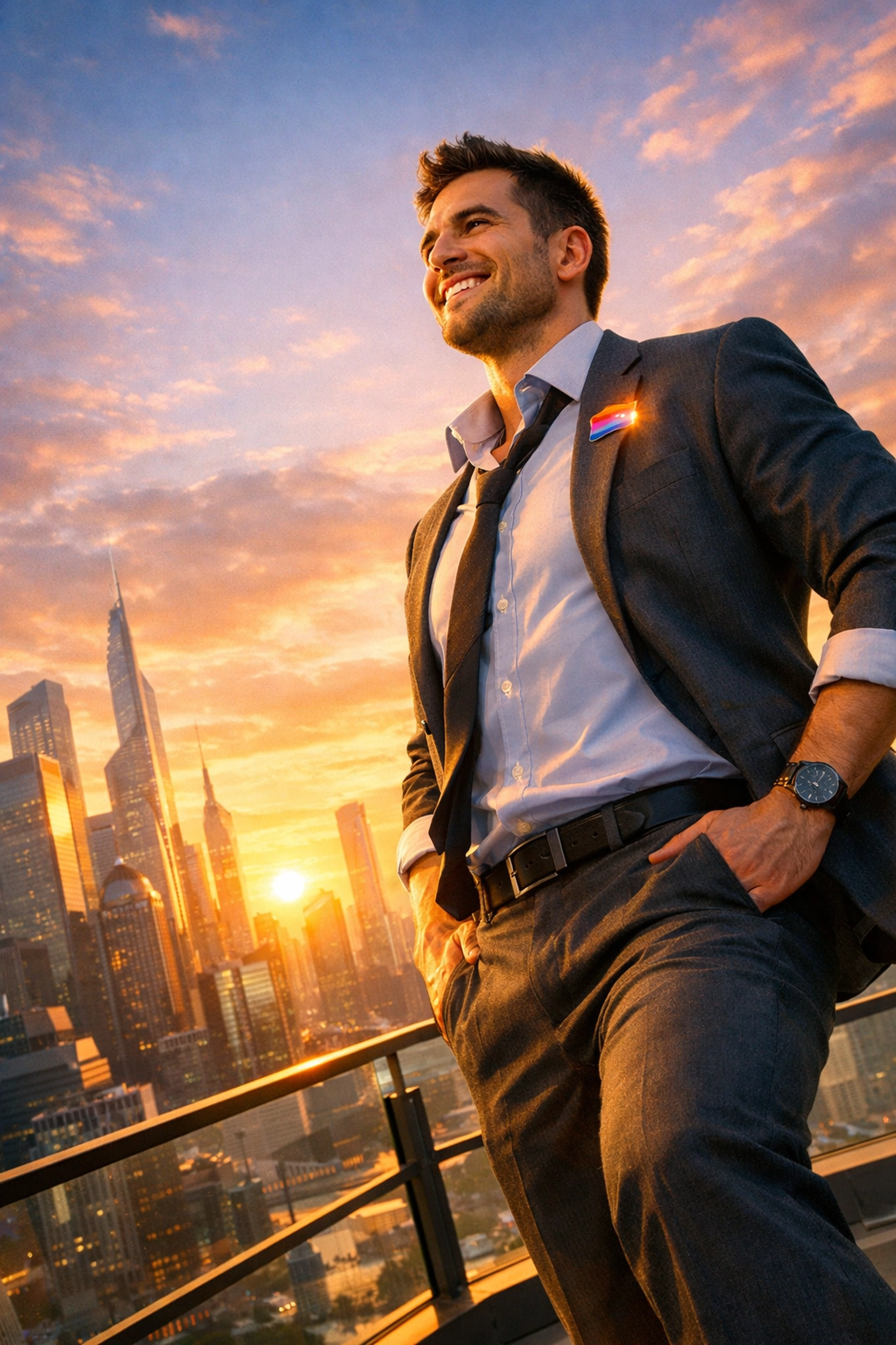 A bisexual professional overlooking a city at sunrise, representing the future of queer leadership.