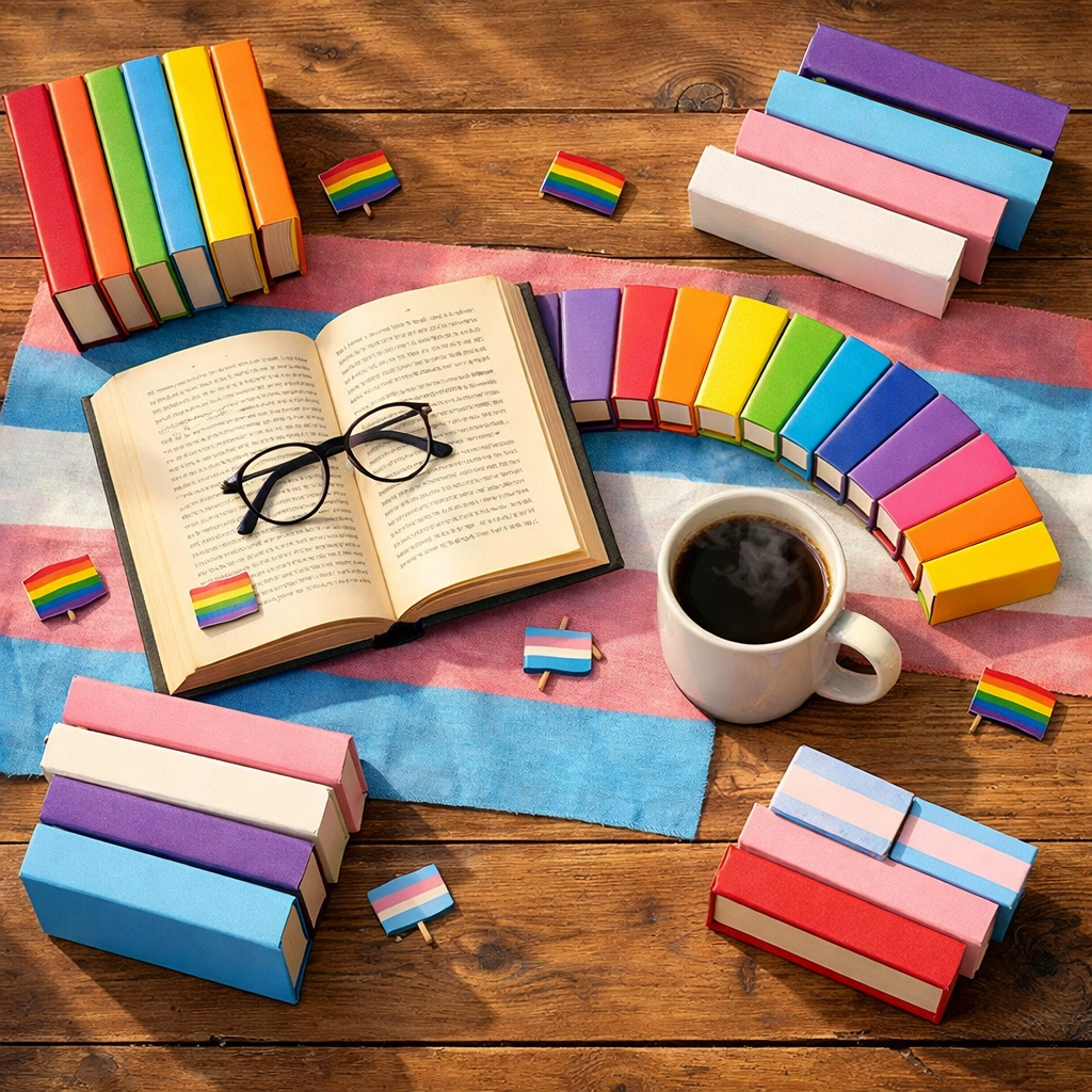 LGBTQ+ books and trans pride flags celebrating queer literature and representation