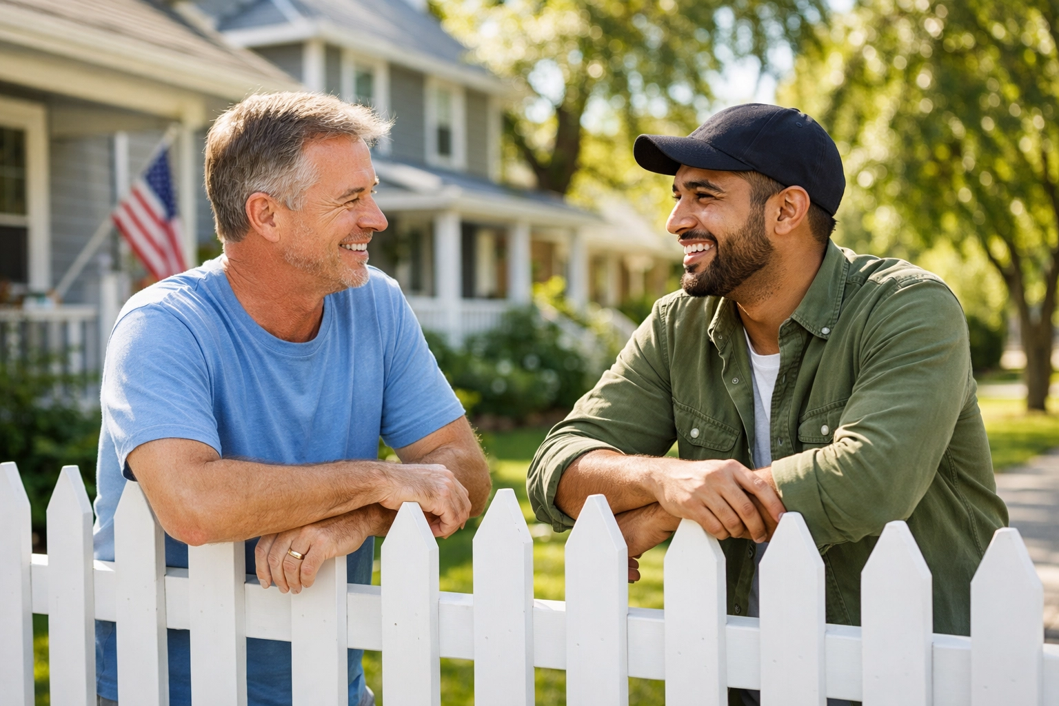 Diverse neighbors talking over a fence to build community unity and trust in an American suburb.