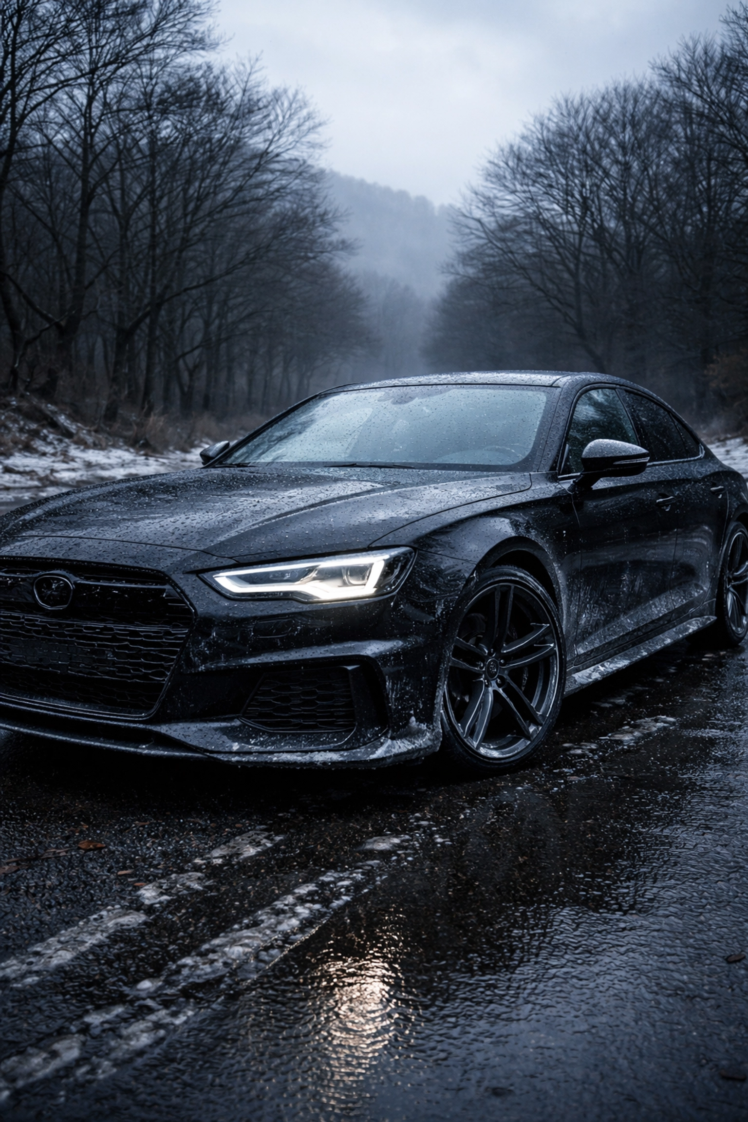 Black car on a wet British road in winter showing road salt and the need for car paintwork protection