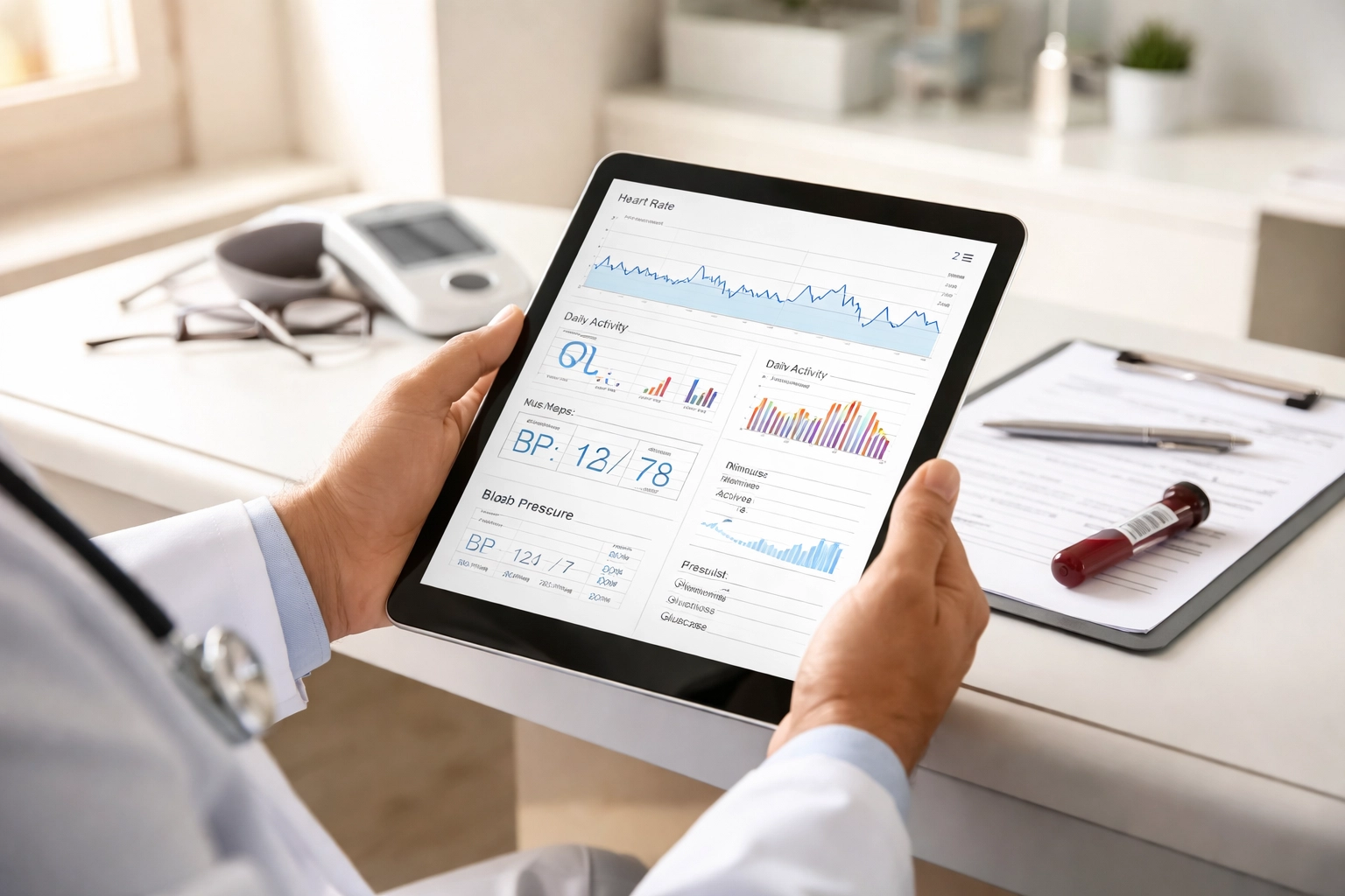 Medical provider reviewing diagnostic lab testing results for erectile dysfunction care on a tablet.