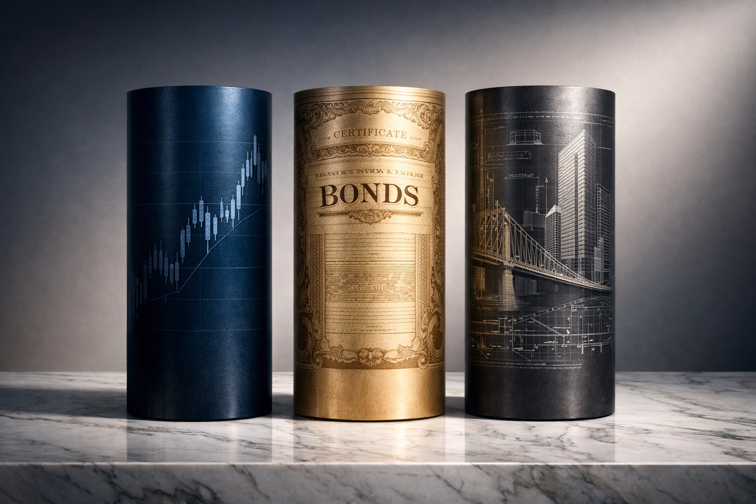 Three pillars representing stocks, bonds, and alternative investments in the 40/30/30 portfolio model