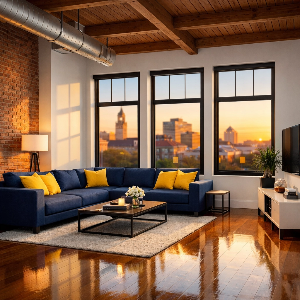 Spotless industrial loft living room in downtown Worcester highlighting professional house cleaning services.