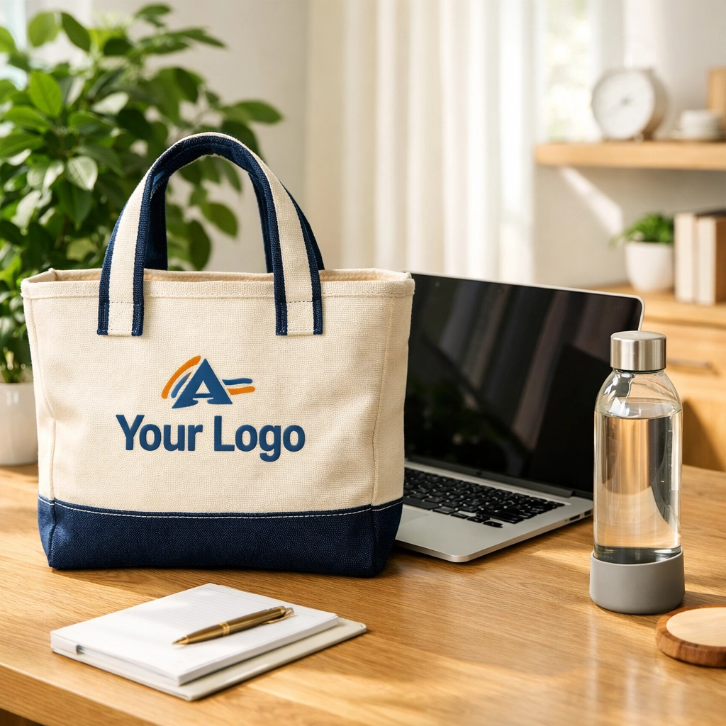 Professional embroidered canvas tote bag on a modern desk representing high-quality promotional products.