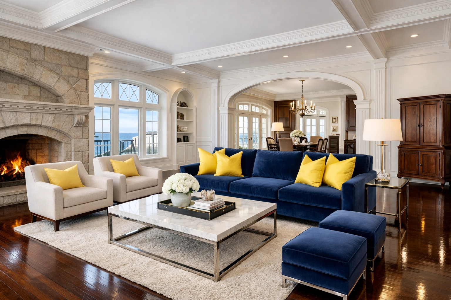 Immaculate living room with polished floors after professional luxury cleaning in Marblehead.
