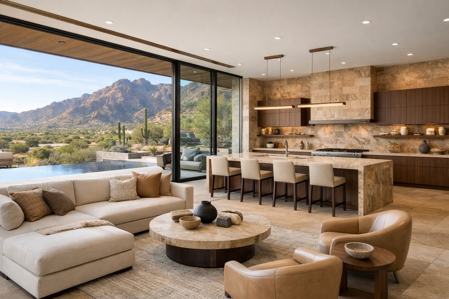 Modern desert kitchen and living area representing Paradise Valley luxury.