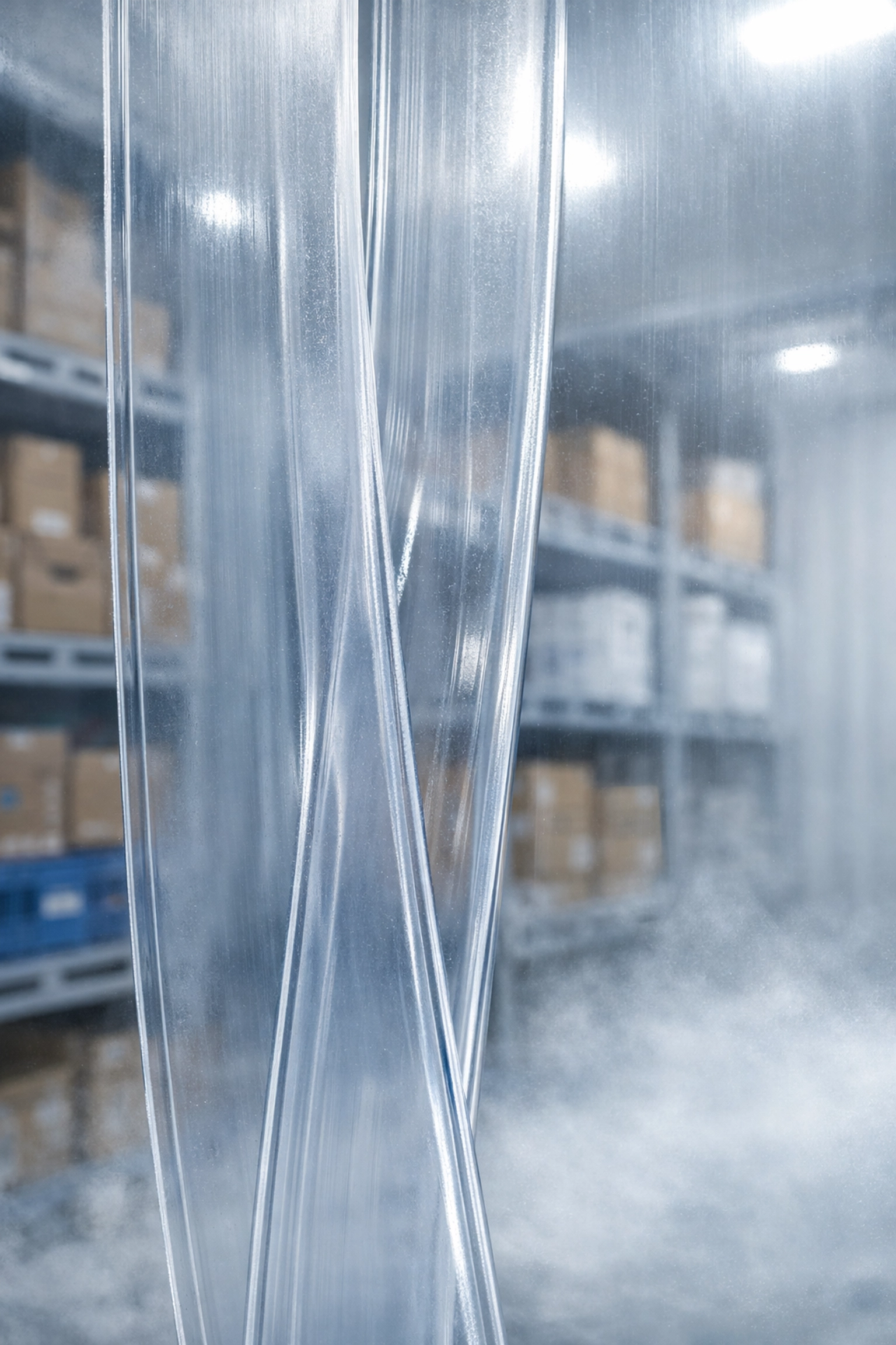 Close-up of overlapping polar-grade freezer curtains providing a thermal seal in a coldstore environment.
