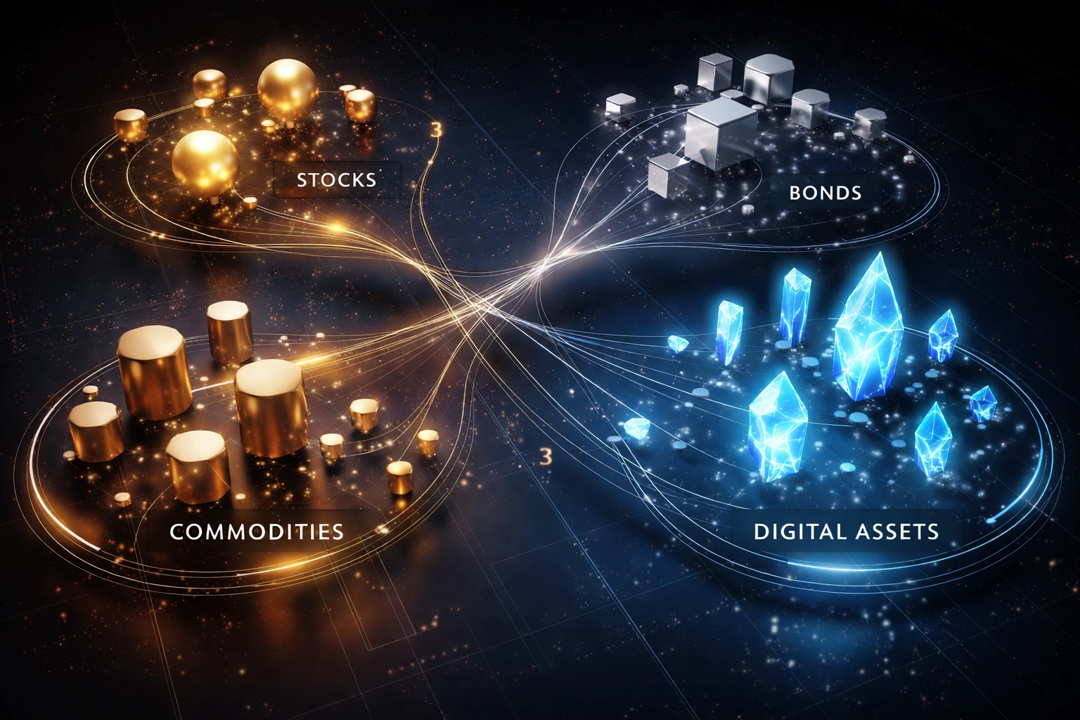 Visualization of a diversified investment portfolio showing stocks, bonds, commodities, and digital assets interconnected for optimal risk mitigation.