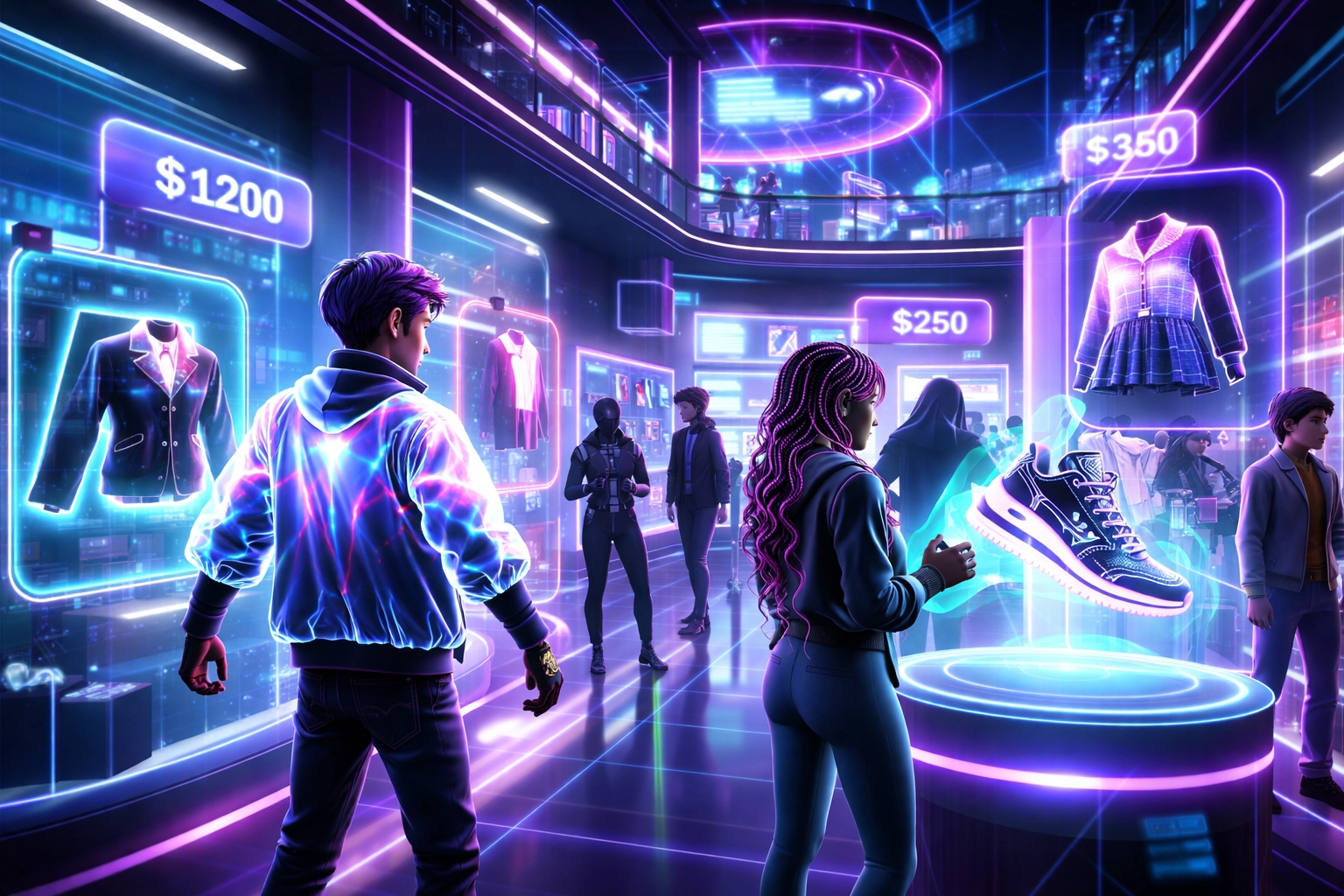 Avatars shopping in a neon-lit digital mall, showcasing immersive metaverse shopping and NFT products.
