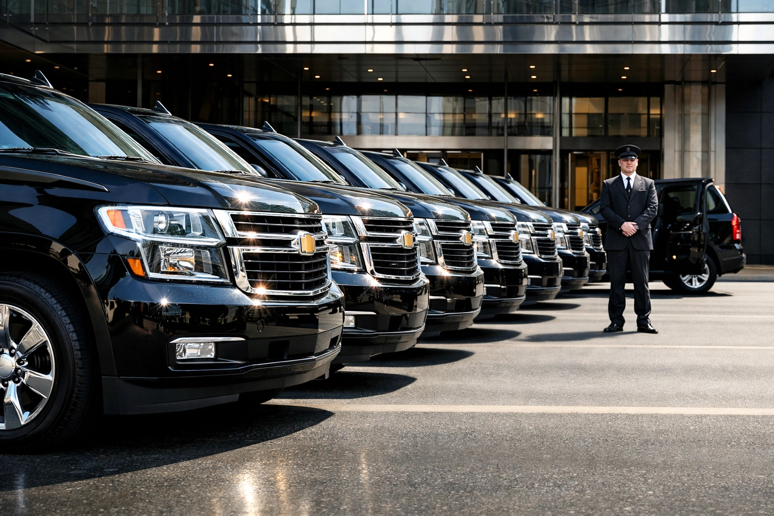 PRESS RELEASE: The Ultimate Guide to Super Bowl Corporate Hospitality: Everything You Need to Succeed in High-Stakes Networking A fleet of black luxury SUVs and professional chauffeurs providing secure corporate transportation.