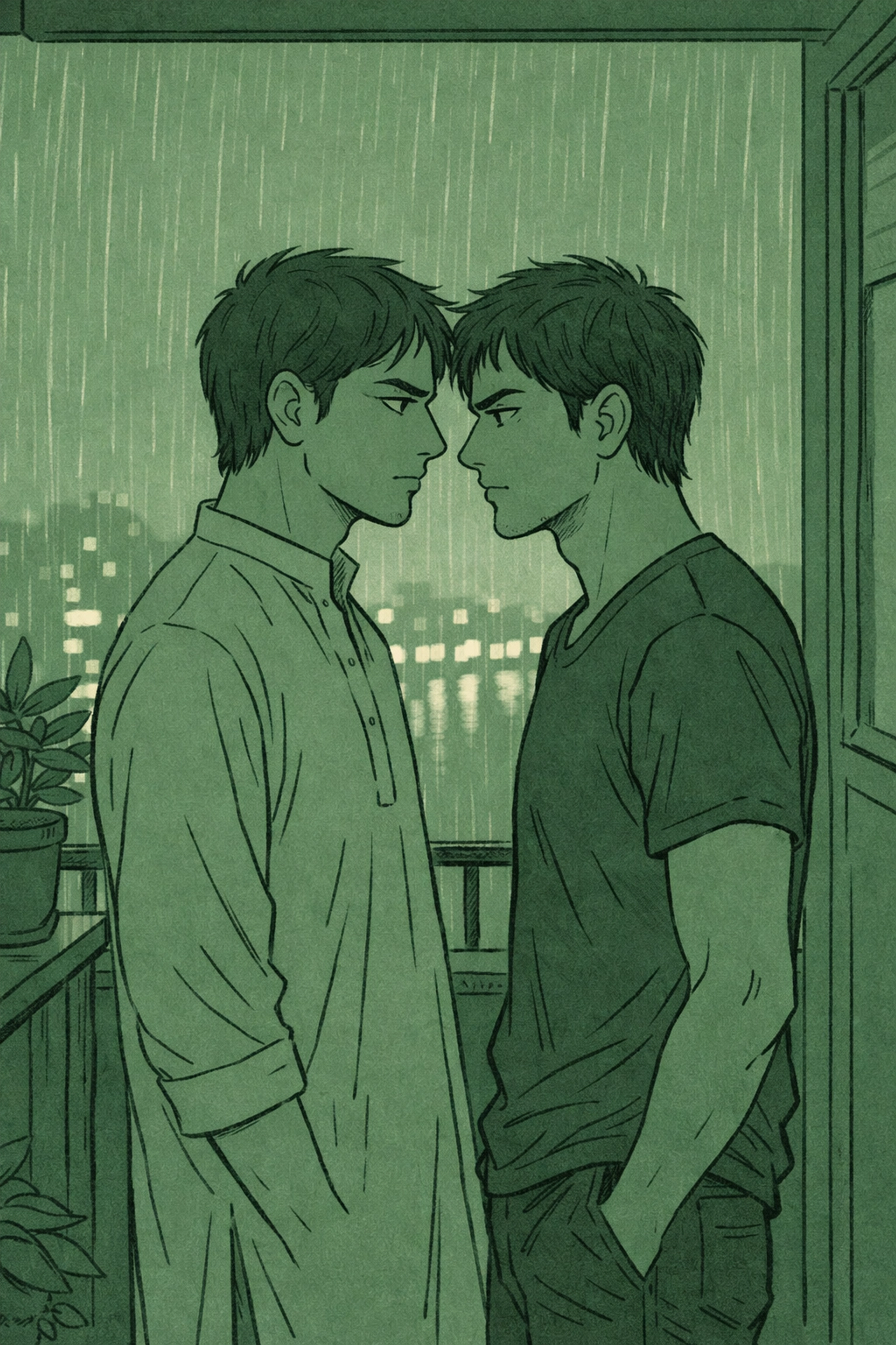 Two step-brothers share an intimate moment on a Mumbai balcony during monsoon rain in MM romance story