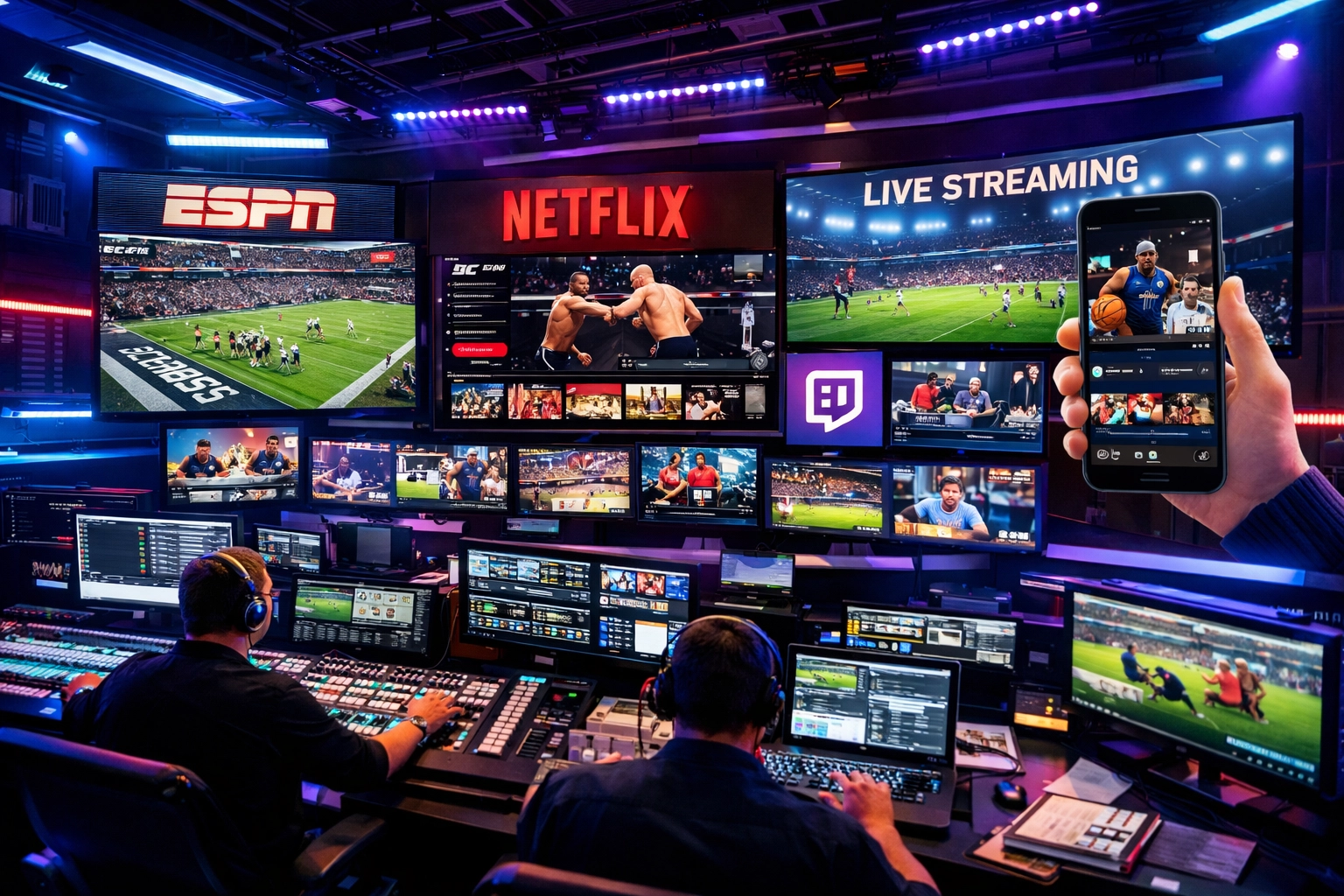 Sports broadcast control room displaying multiple advertising networks and streaming platforms