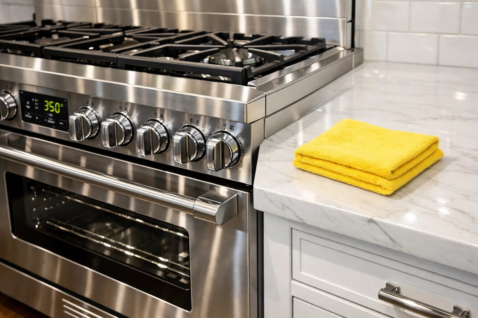 Deep cleaned stainless steel oven and kitchen surfaces part of a move-out cleaning in Boston.