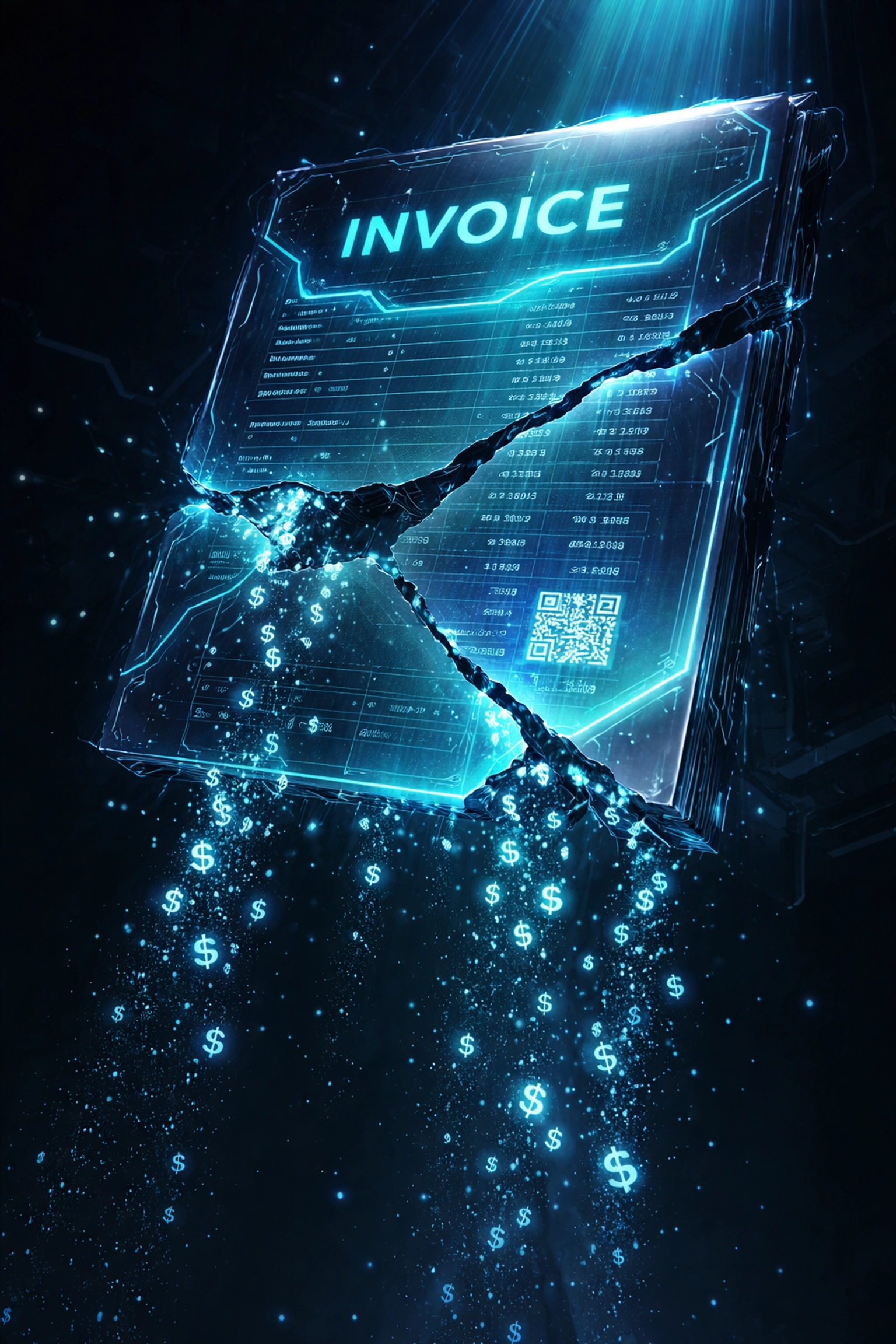 Digital invoice with leaking dollar signs visualizing hidden telecom billing errors and financial drain
