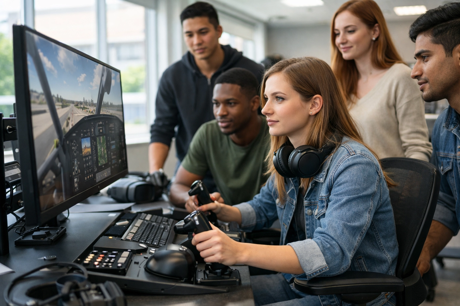 Students engaging with advanced simulation technology in a Dakdan Worldwide educational training center.