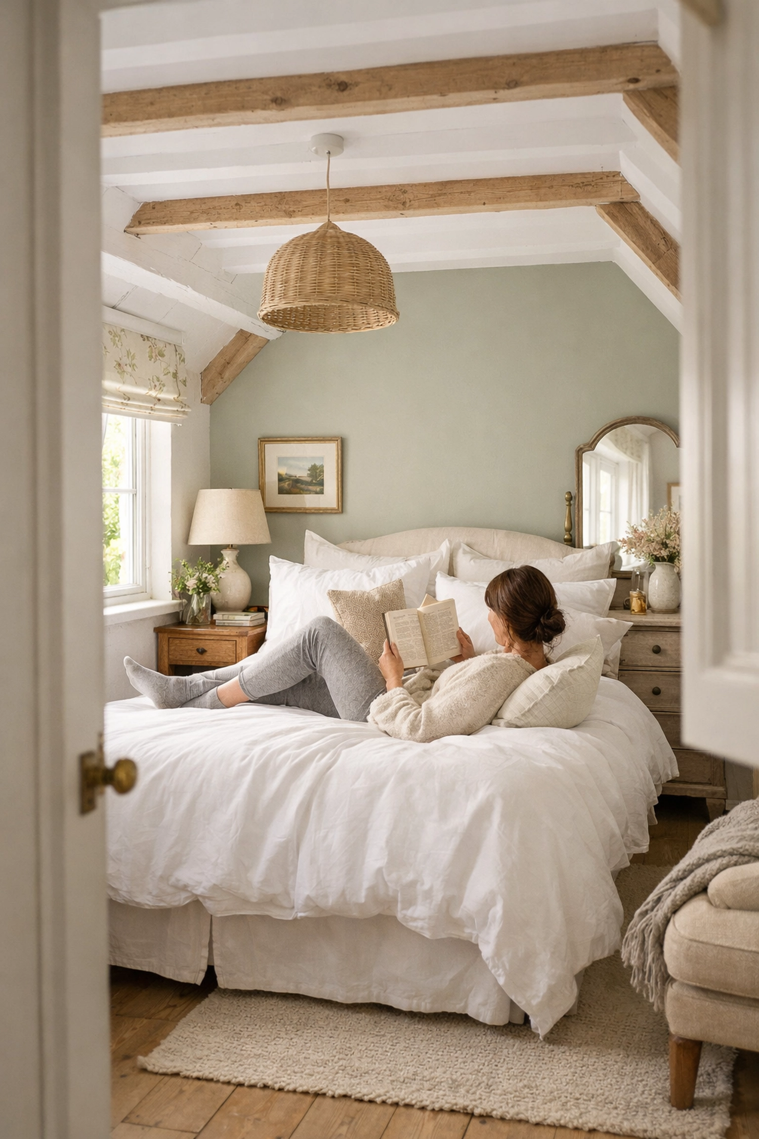 Peaceful bedroom in decorated Cotswold cottage with professional painting finish