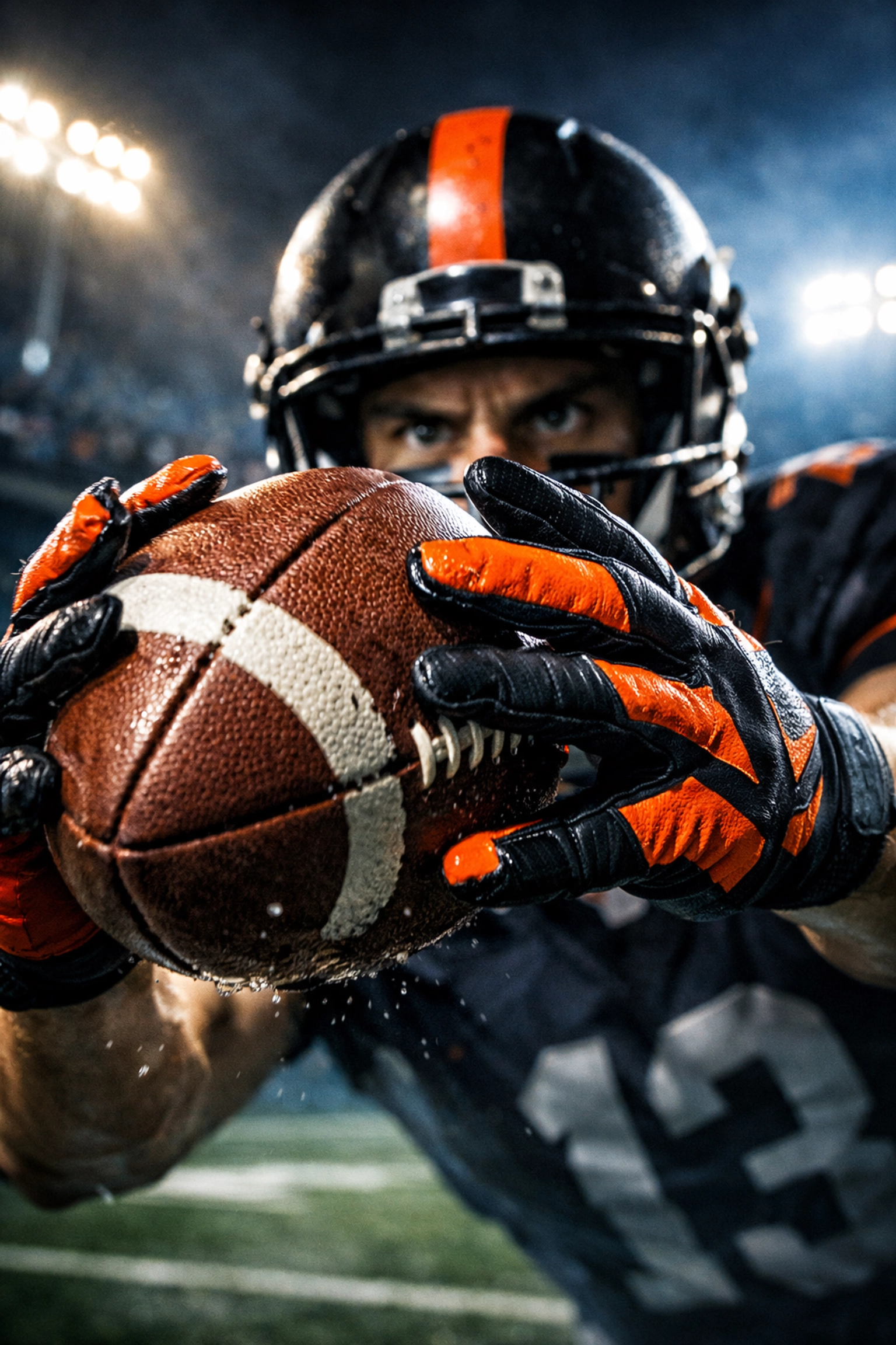 Wide receiver hands catching football with intense eye focus on ball tip during training drill