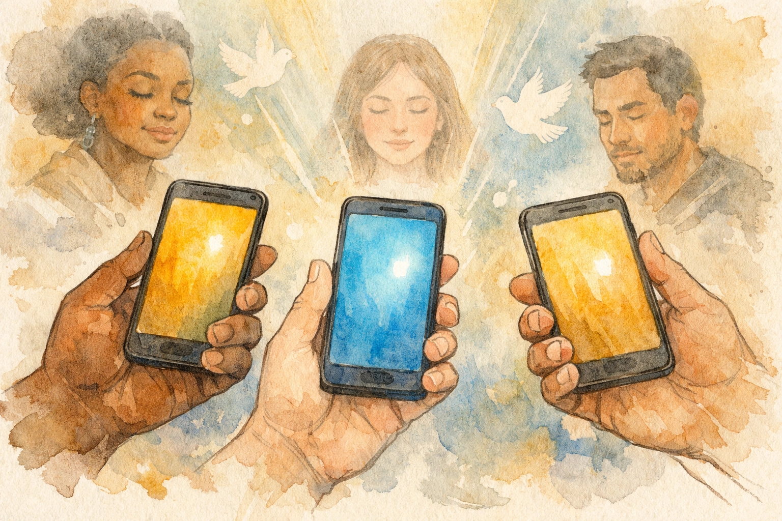Diverse people holding smartphones for global Christian community and prayer