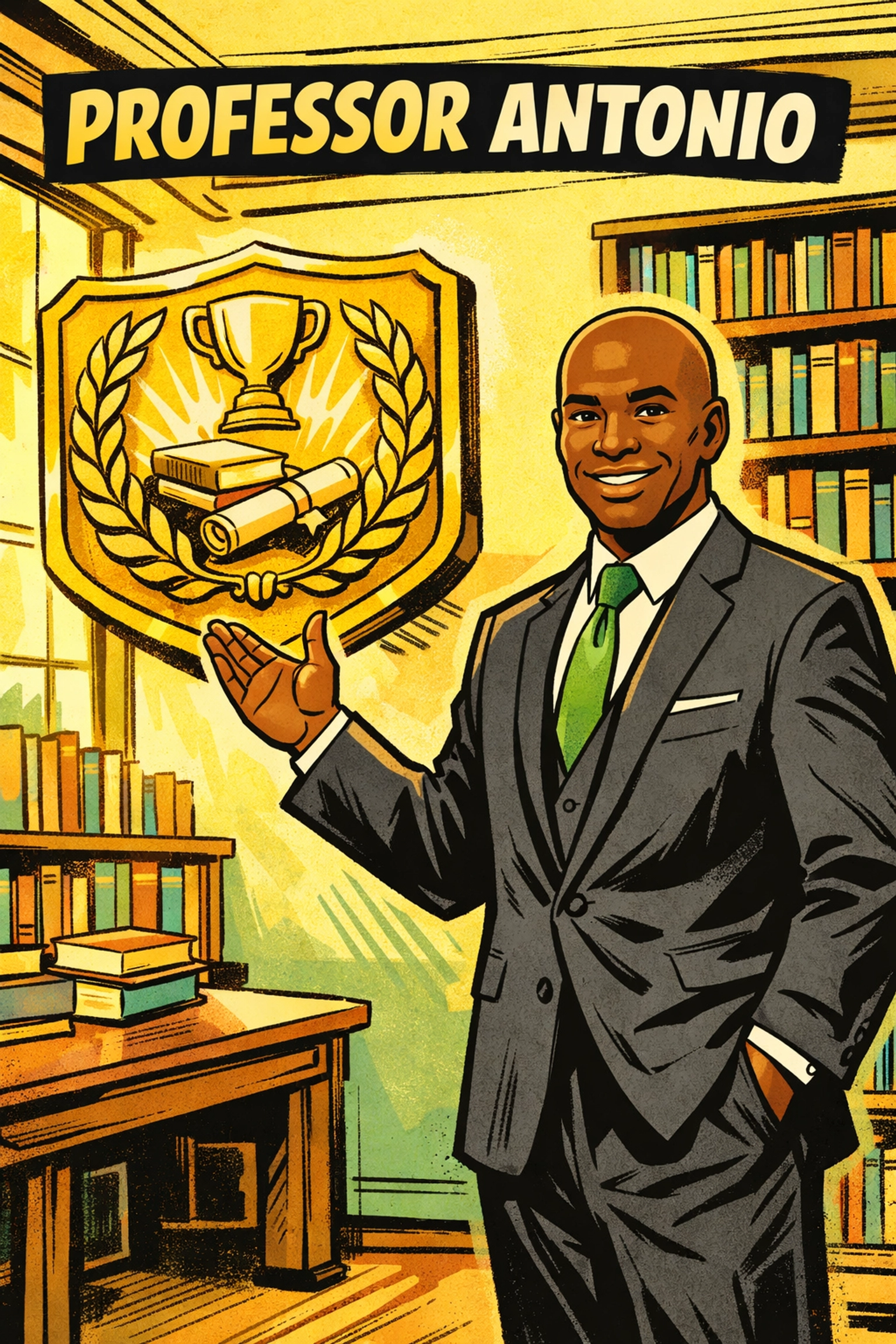 Professor Antonio in a library pointing to the word perseverance to build reading confidence.