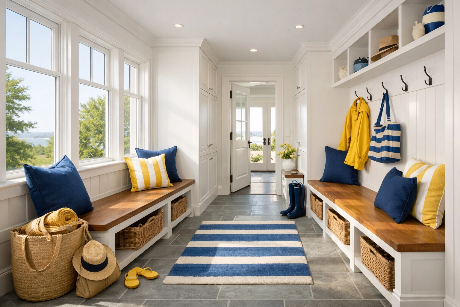 Clean coastal mudroom in an East Harwich home after professional bi-weekly cleaning.