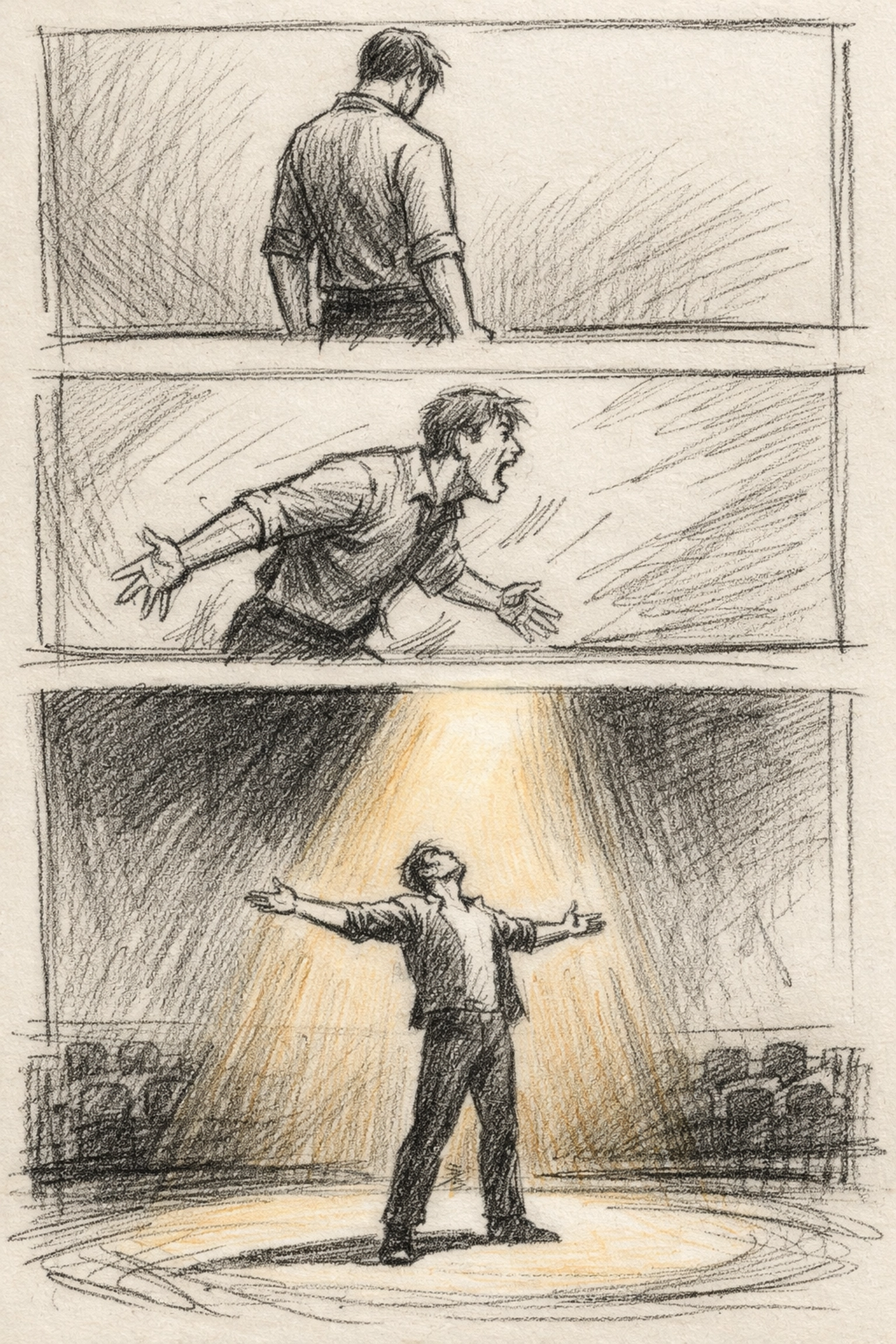 Three-panel storyboard depicting emotional crescendo building to dramatic stage climax, the Eleven O'Clock Number moment
