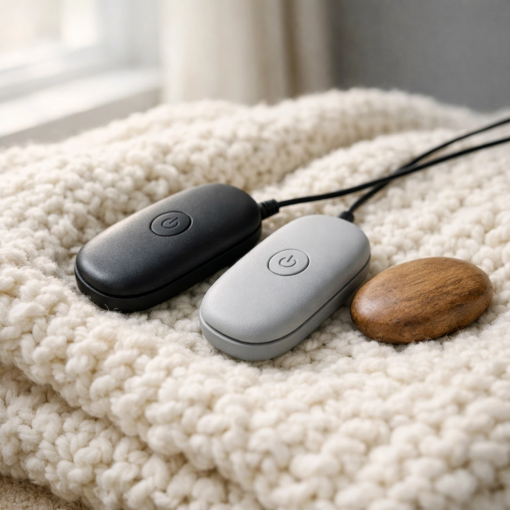 Modern EMDR pulsars on a soft knit blanket, used for emotional resilience and cancer trauma processing.