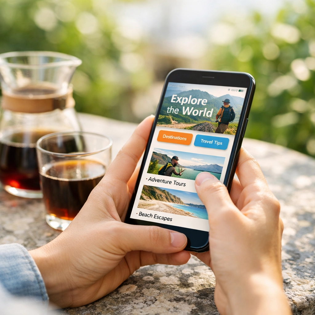 Person browsing a mobile coffee store on a smartphone next to a fresh pour-over coffee outdoors.