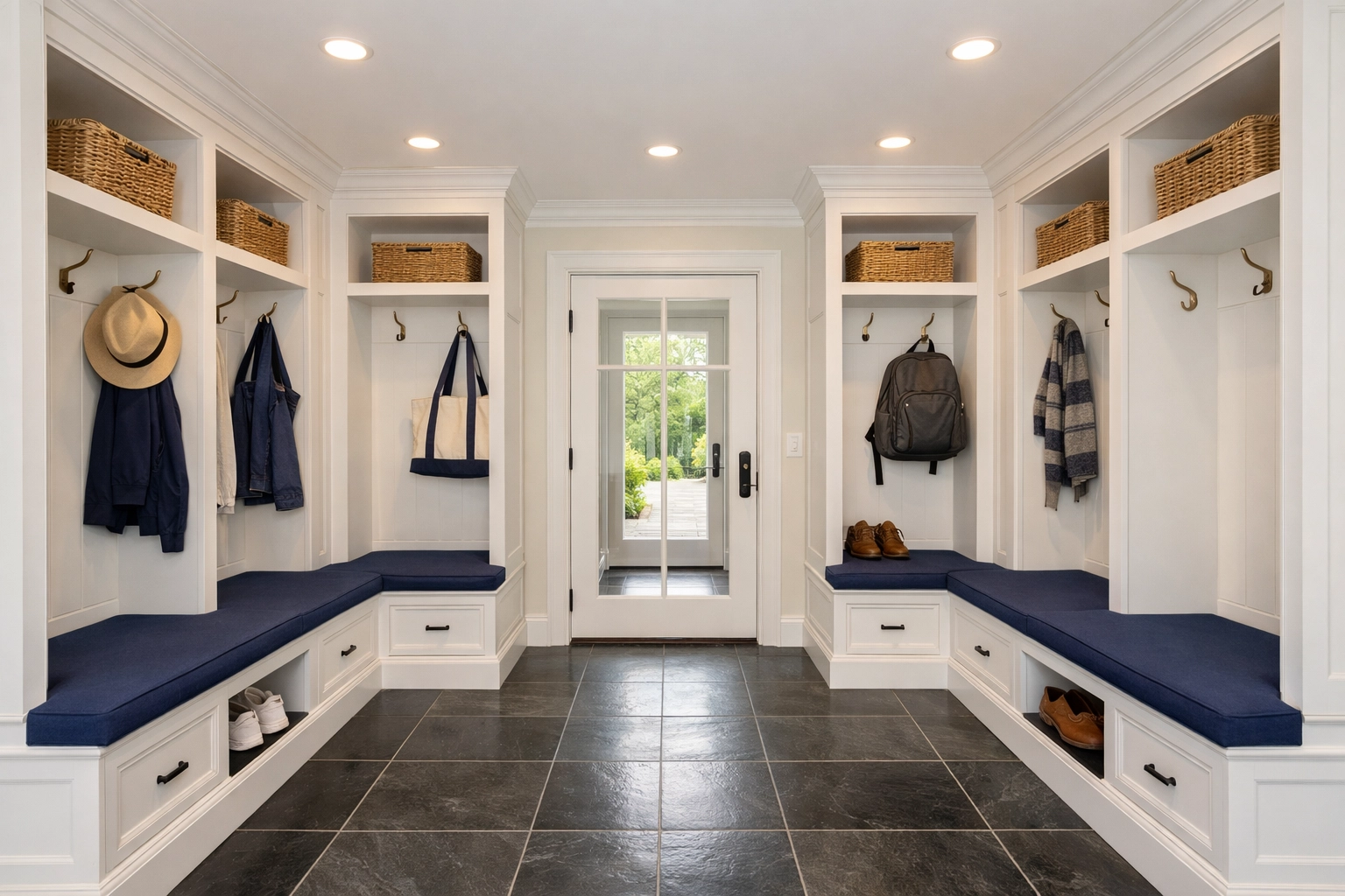 Spotless mudroom with polished slate floors showcasing expert residential cleaning Massachusetts in a Dover home.