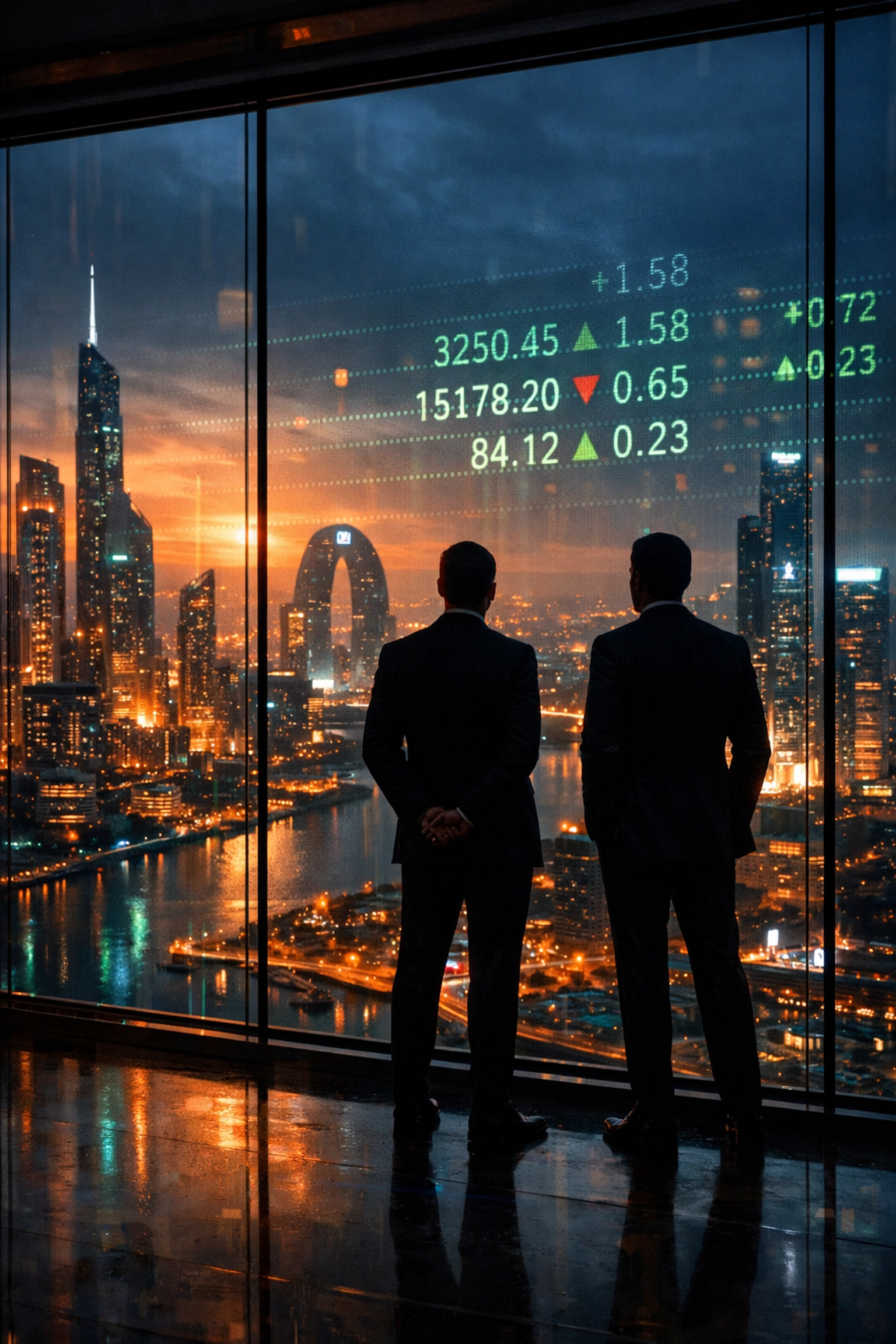 Silhouettes overlooking a futuristic financial district showing stock market today indicators and green tickers.