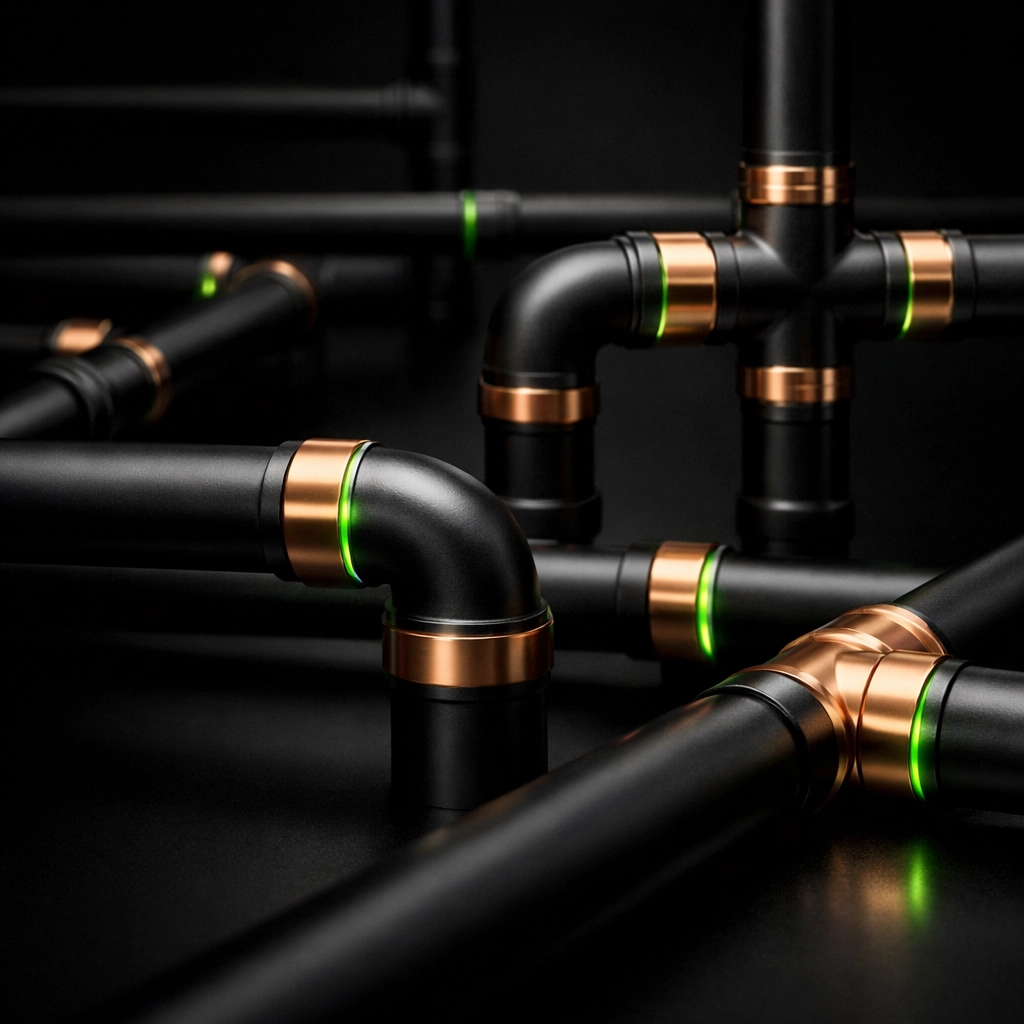 Network of professional plumbing pipes representing expert local plumbing services and infrastructure.