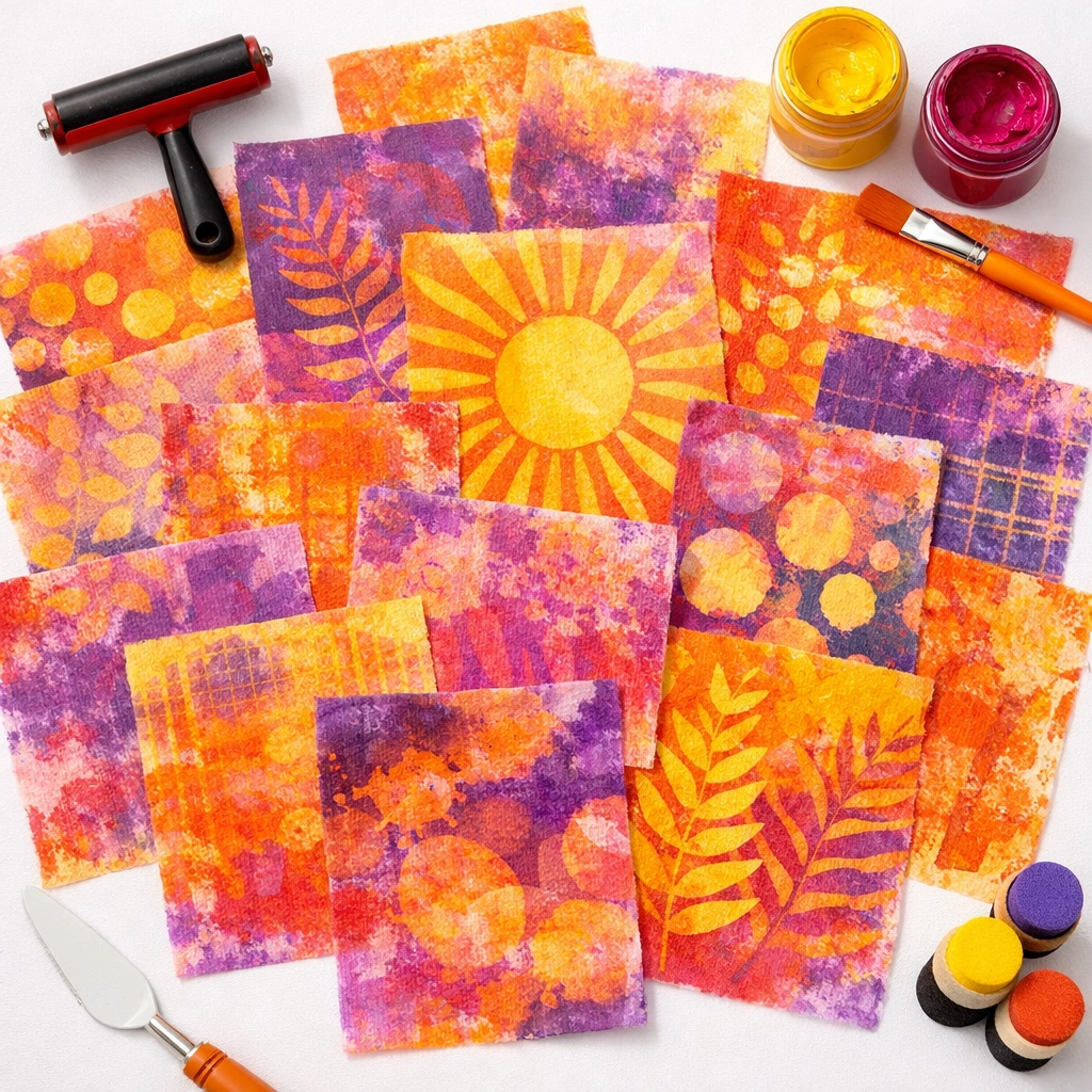Finished Gel Plate prints on wet strength tissue paper showing vibrant layered designs