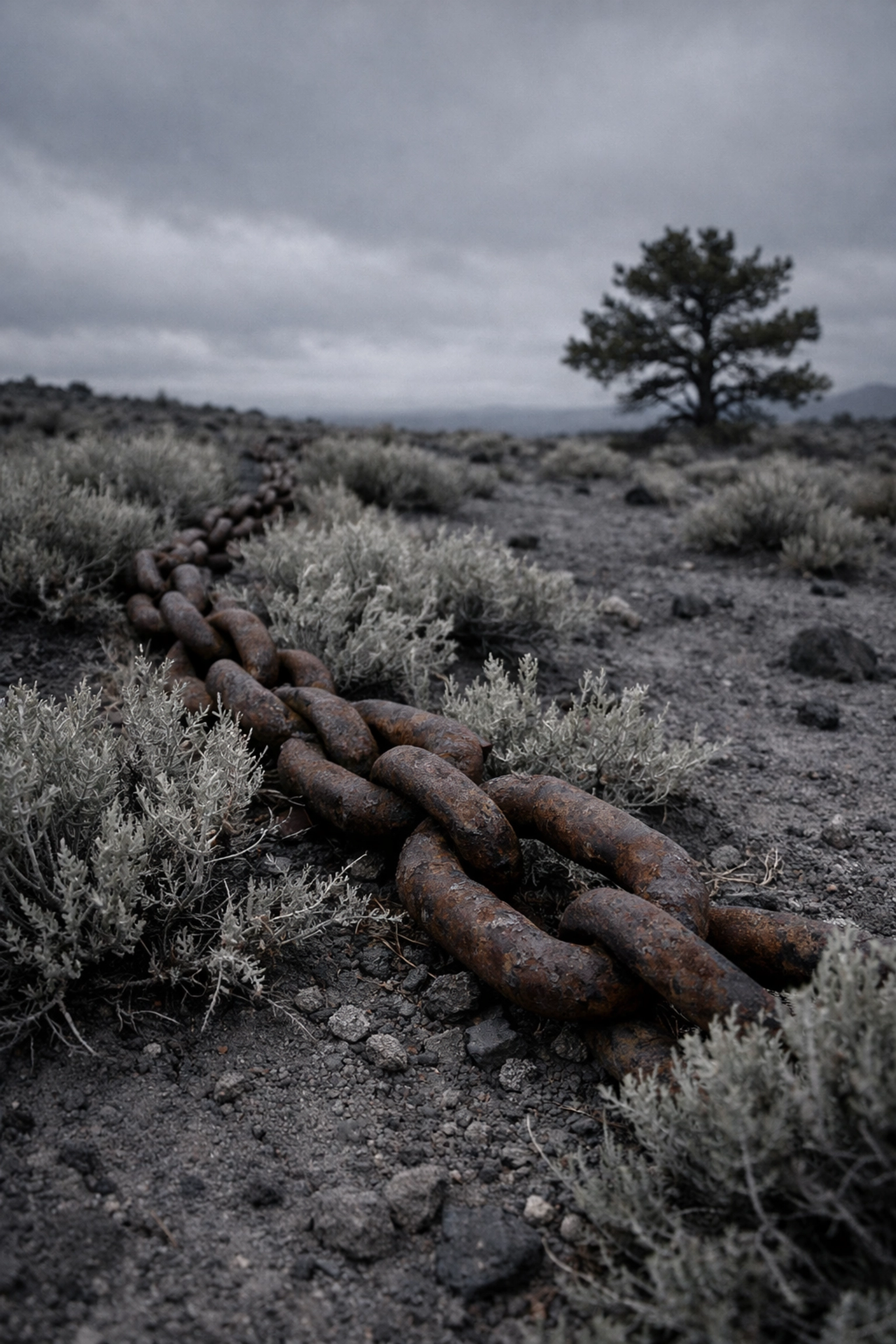 Rusted chain in sagebrush representing the trap of trading your life for a paycheck.