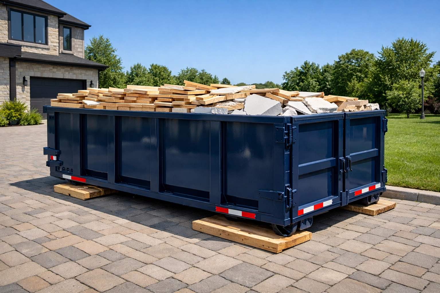Managing Heavy Construction Debris: 4-Yard vs 10-Yard Bins in North York Level-filled 10-yard bin on a North York driveway with protective planks for construction debris.