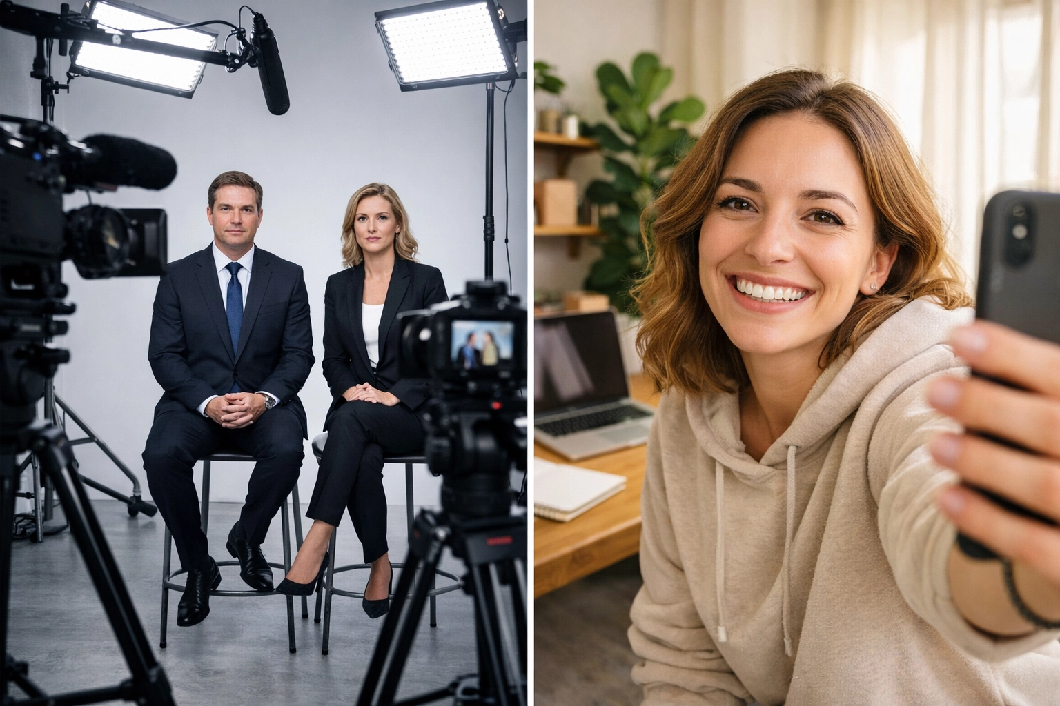 Comparaison production vidéo professionnelle vs contenu TikTok authentique filmé au smartphone