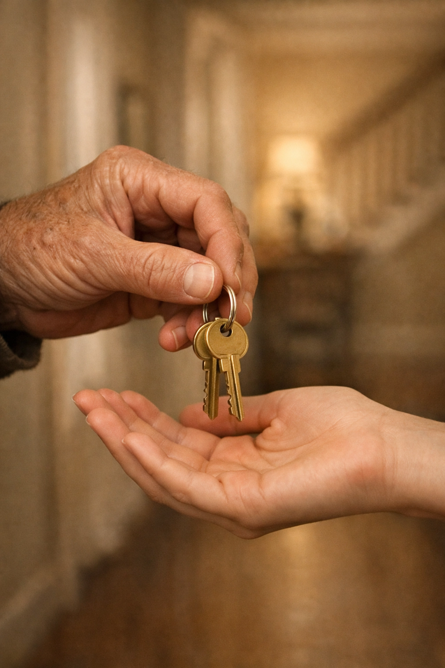 Older hand passing house keys to a younger hand, symbolizing a smooth Omaha property transition.