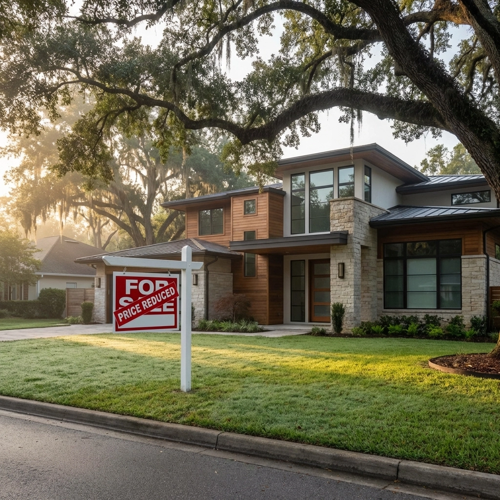 Modern Columbia SC home with price reduced sign in yard, illustrating overpricing mistake